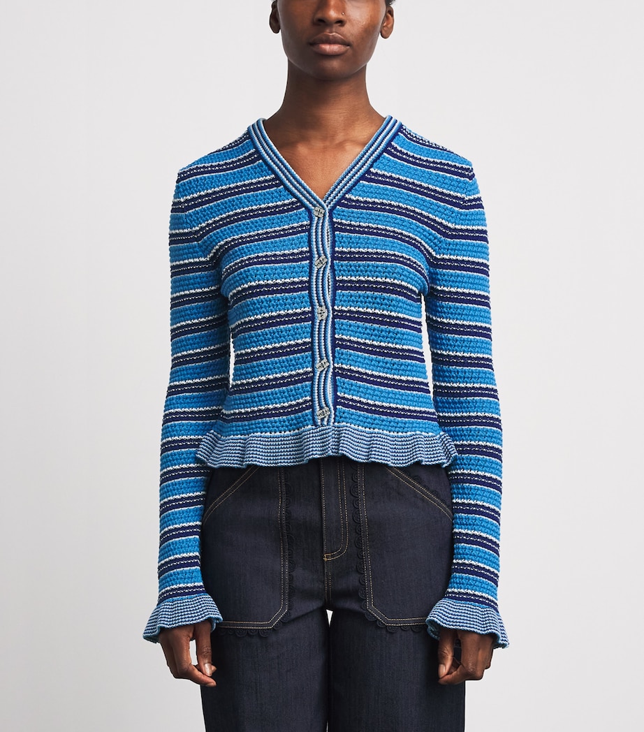 GANNI Womens Cotton Stripe Cropped Cardigan Marina Image 4