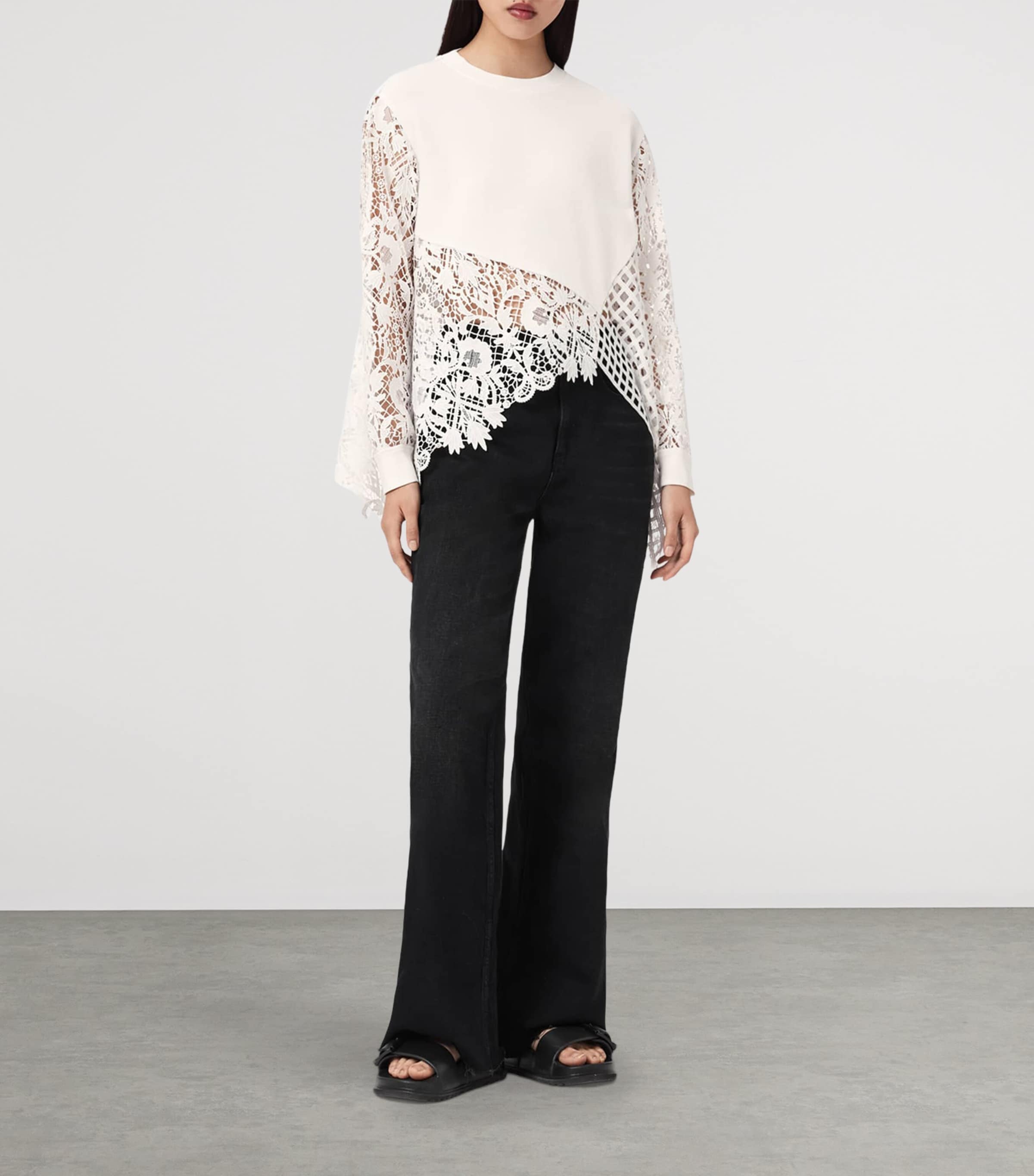 AllSaints Womens Organic Cotton Lace-Panel Malorie Sweatshirt White Image 2