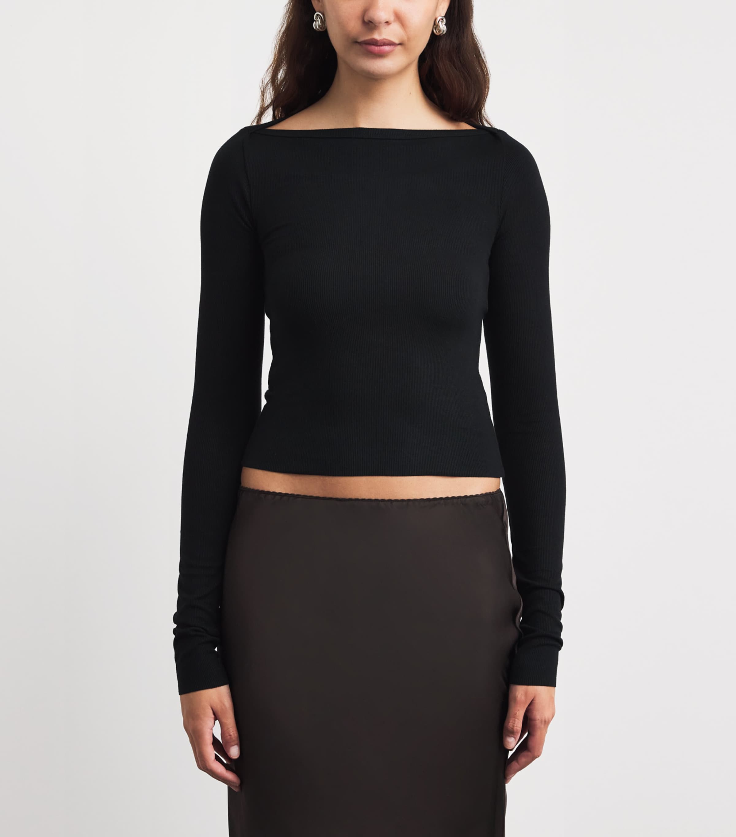 ÉTERNE Womens Boat-Neck Long-Sleeve T-Shirt Black Image 4