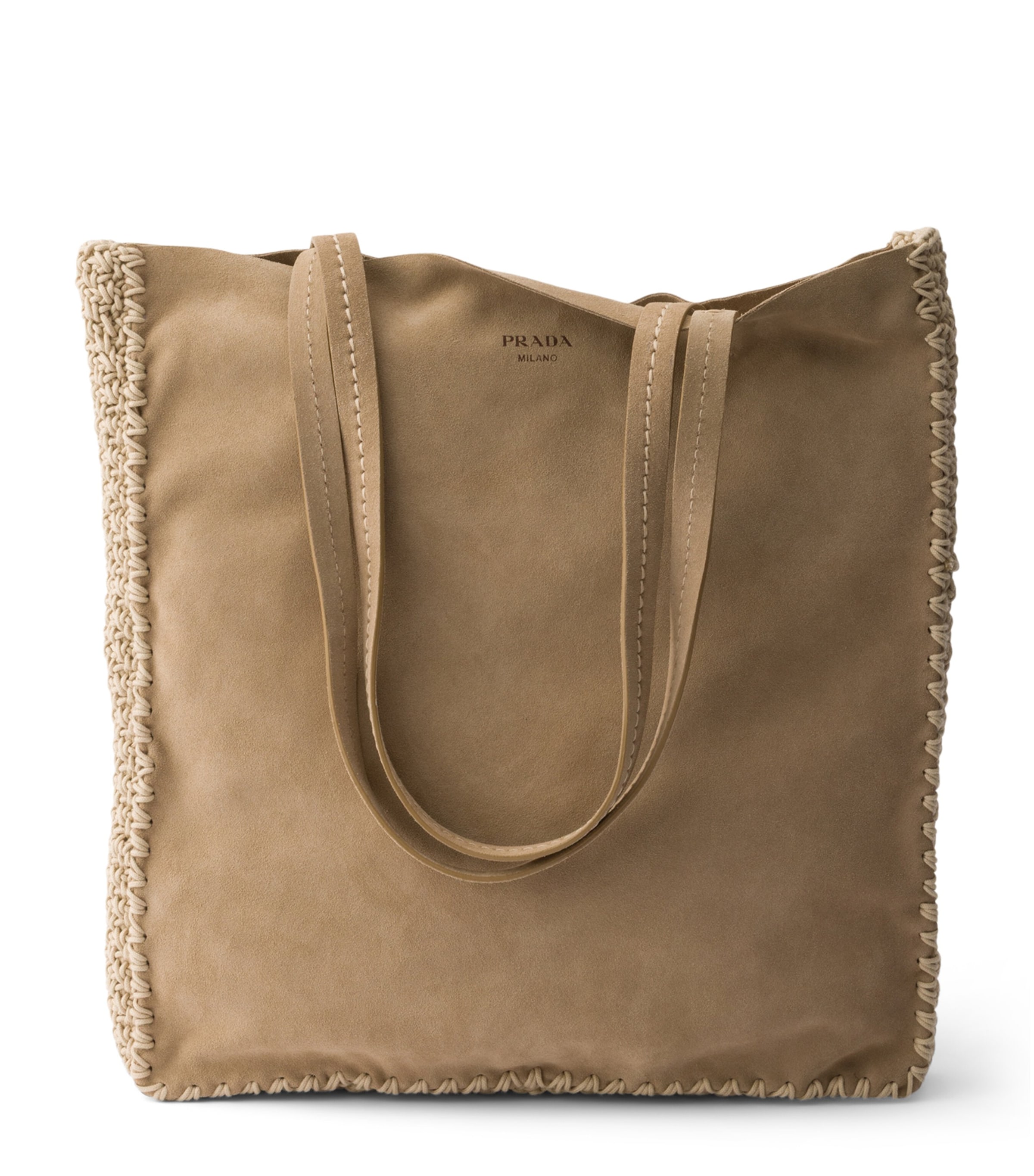 Prada Large Suede and Crochet Tote Bag Neutral Image 1