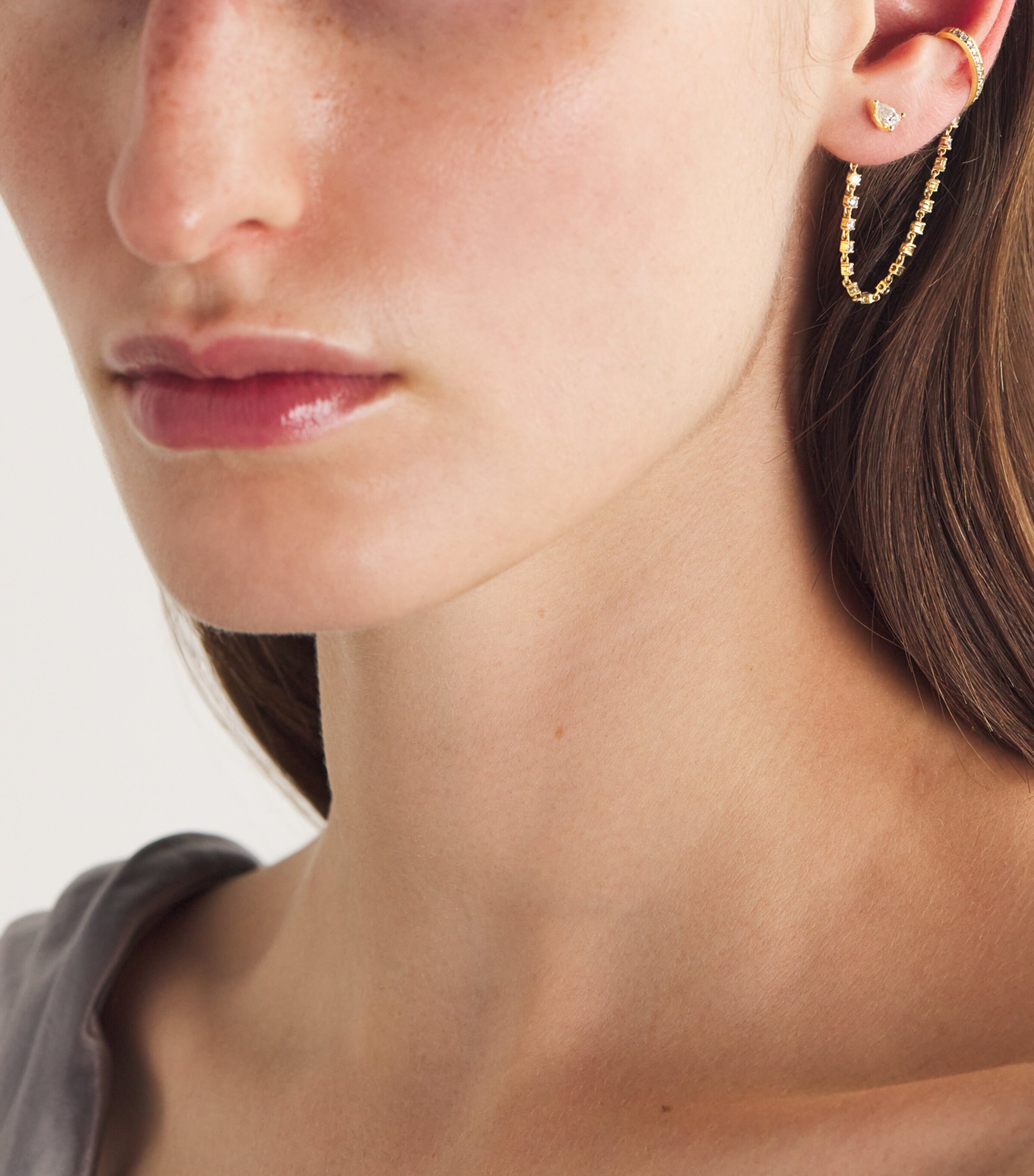 Yellow Gold and Diamond Chain Single Ear Cuff and Stud Earring YELLOW GOLD Image 2