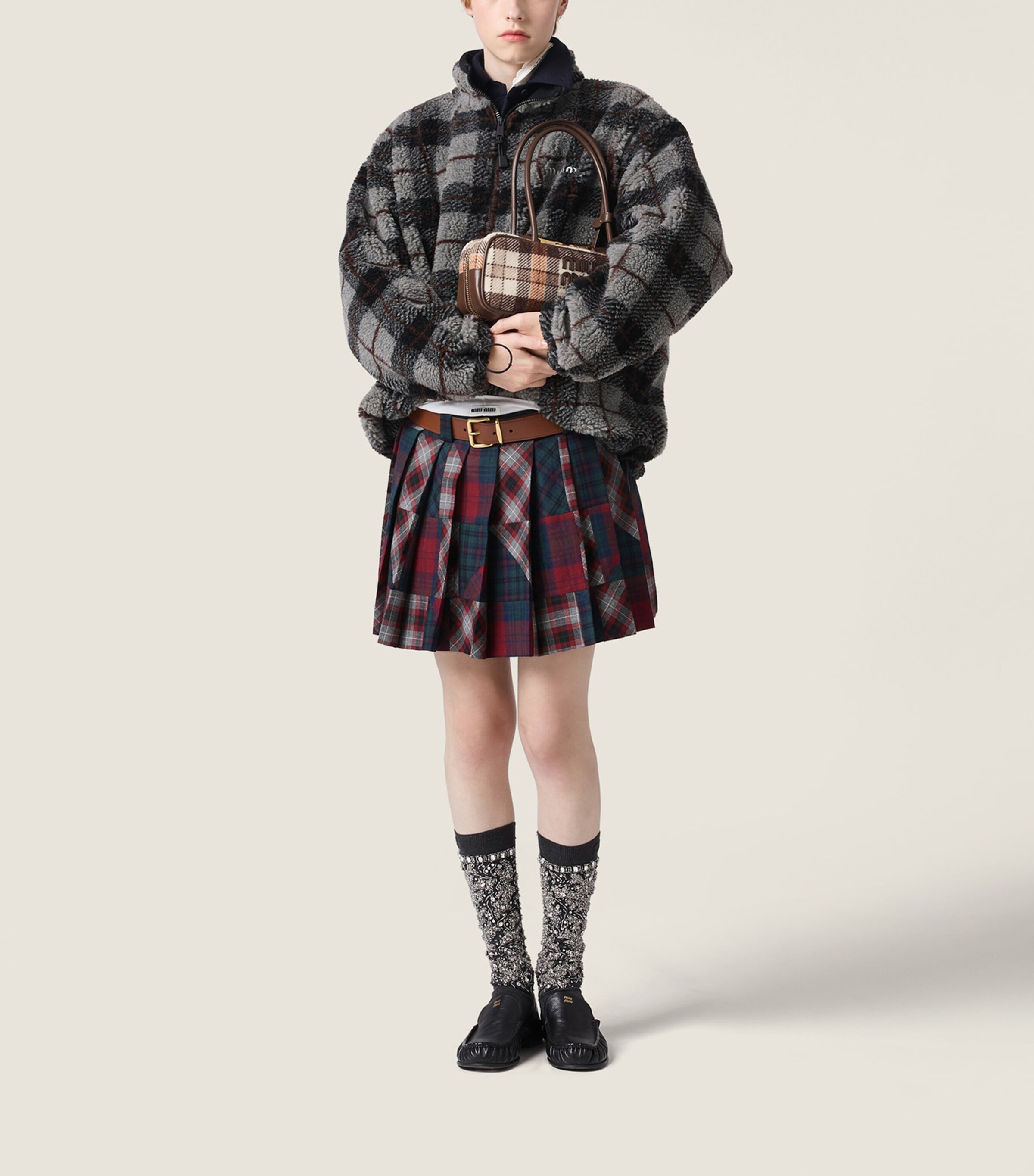 Wool Plaid Pleated Mini Skirt F0055 Image 2