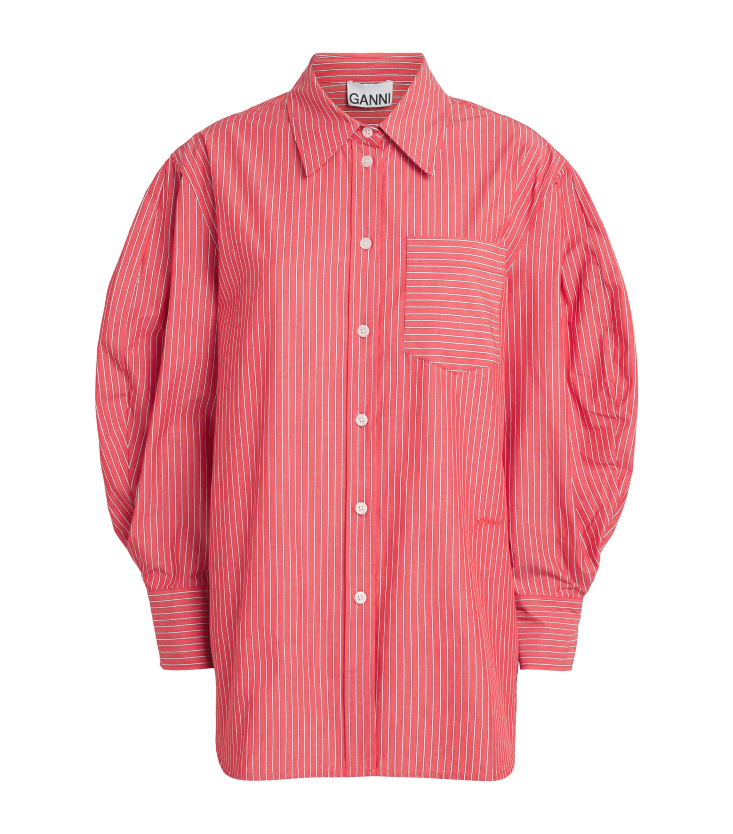 GANNI Womens Cotton Stripe Oxford Shirt High Risk Red Image 1