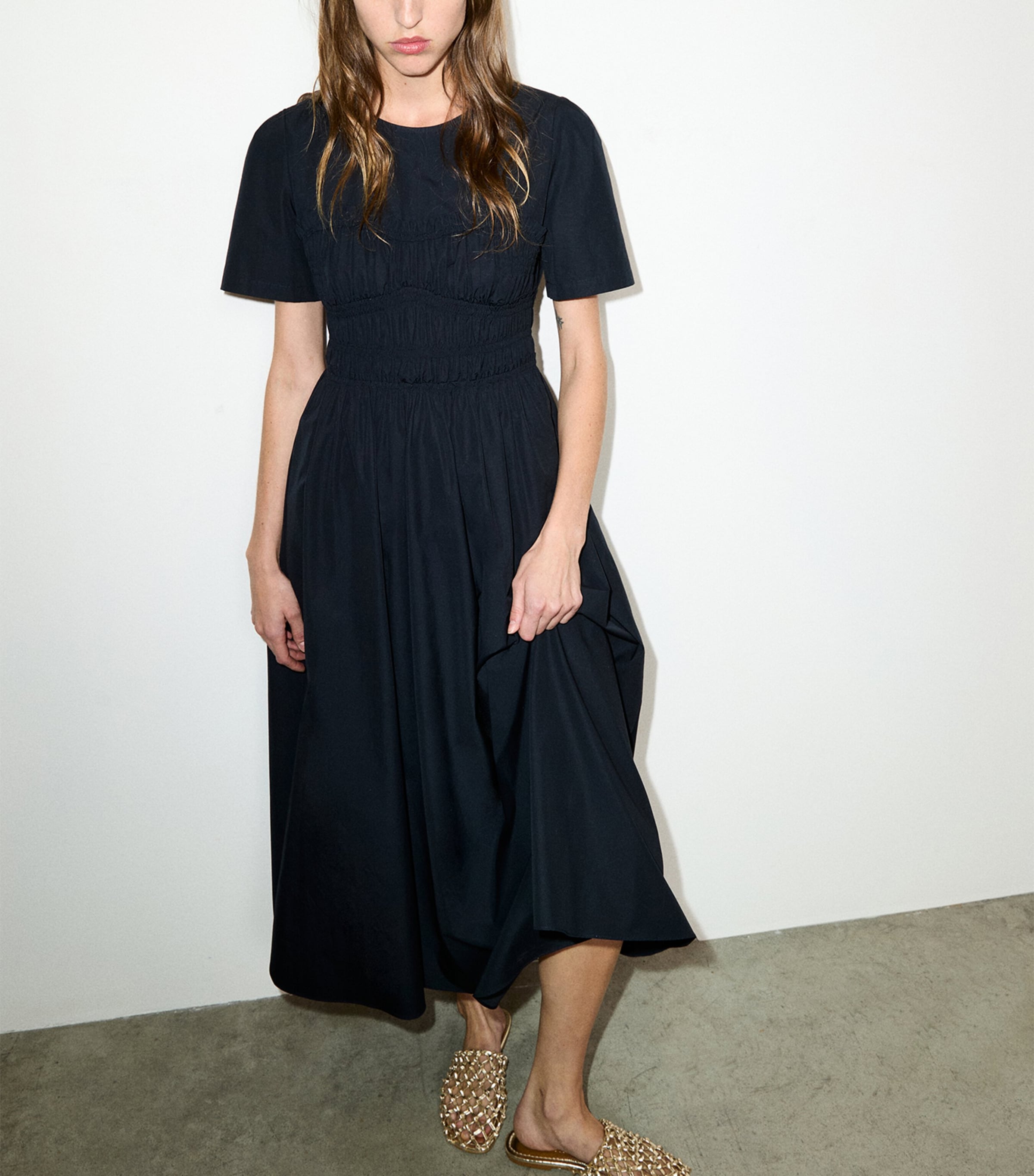 MAX&Co. Womens Cotton-Virgin Wool Shirred Midi Dress Black Image 2