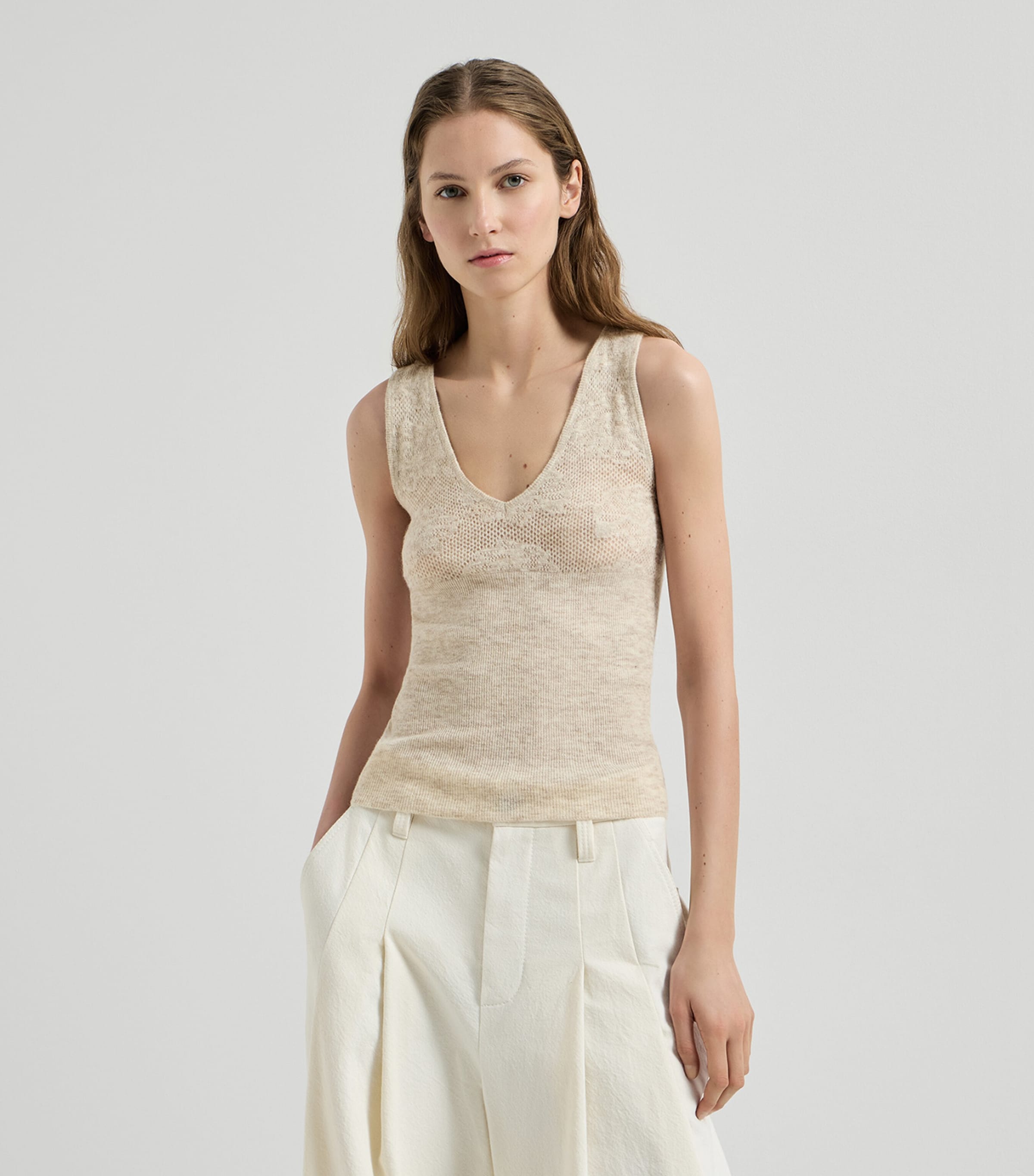 Brunello Cucinelli Womens Silk-Alpaca-Wool Lace-Detail Top Rustic Beige Image 4
