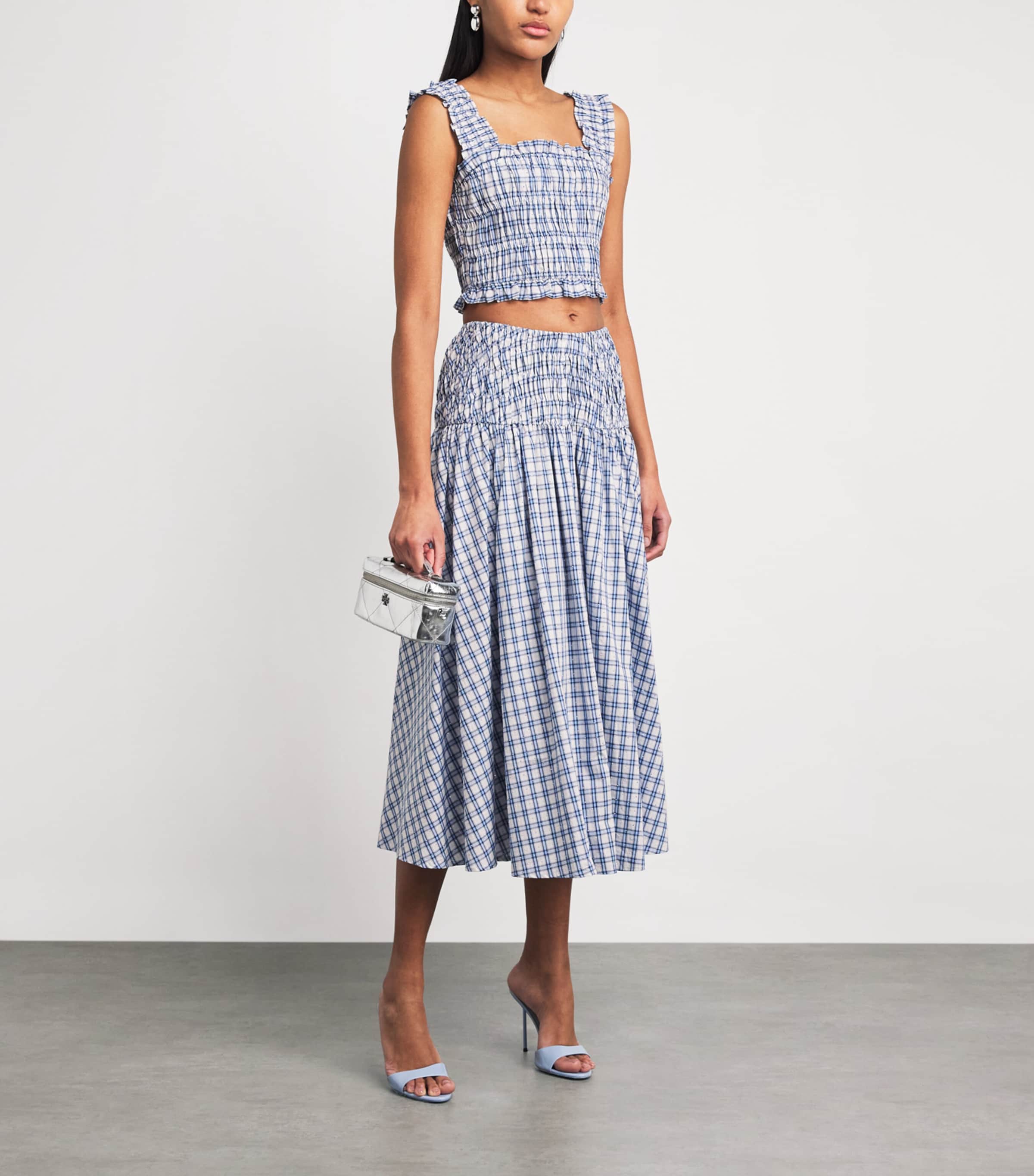 Maje Womens Embellished Check Midi Skirt Blue Check Print Image 2