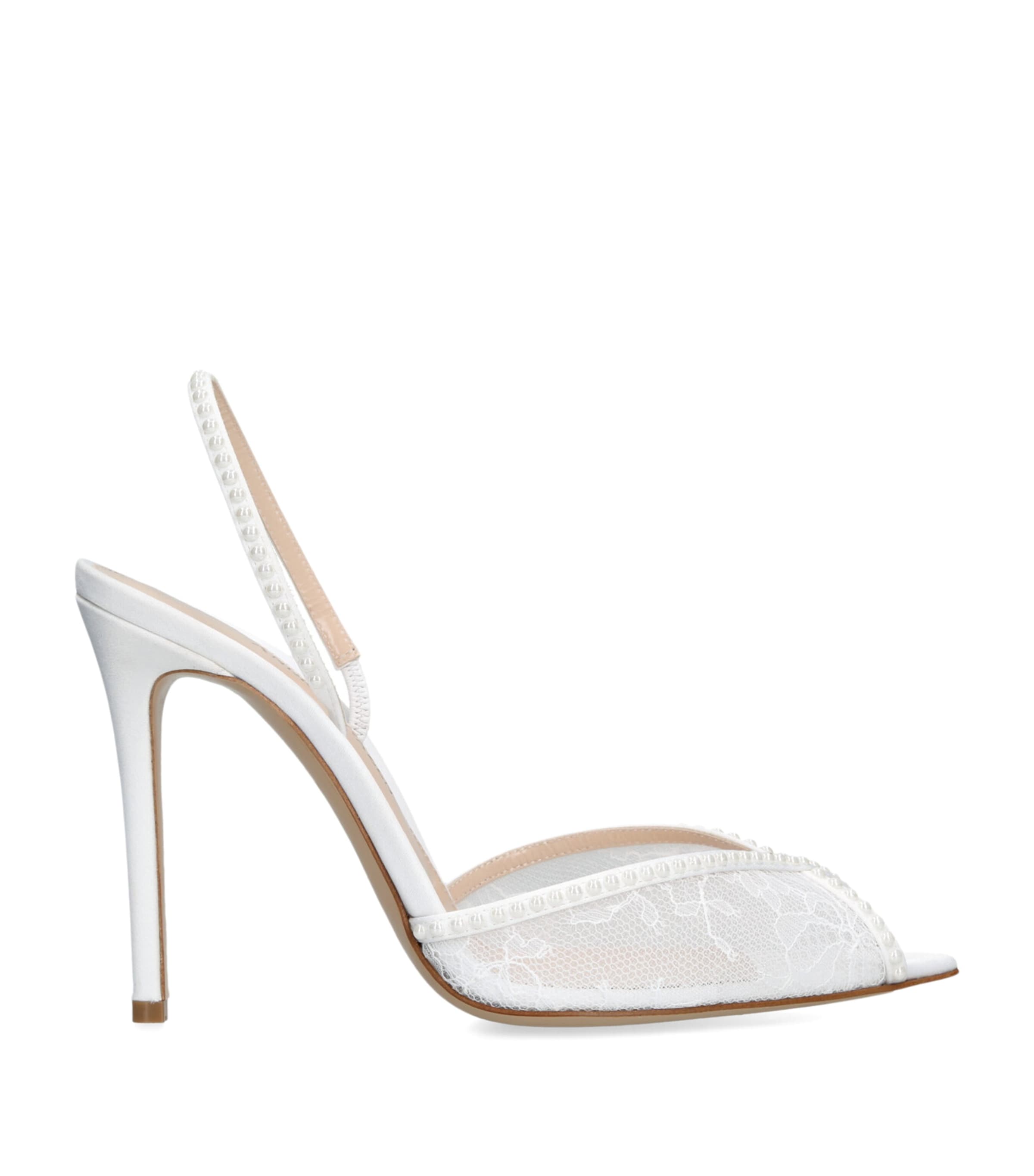 Andrea Wazen White Embellished Lace Katy Slingback Heels 105