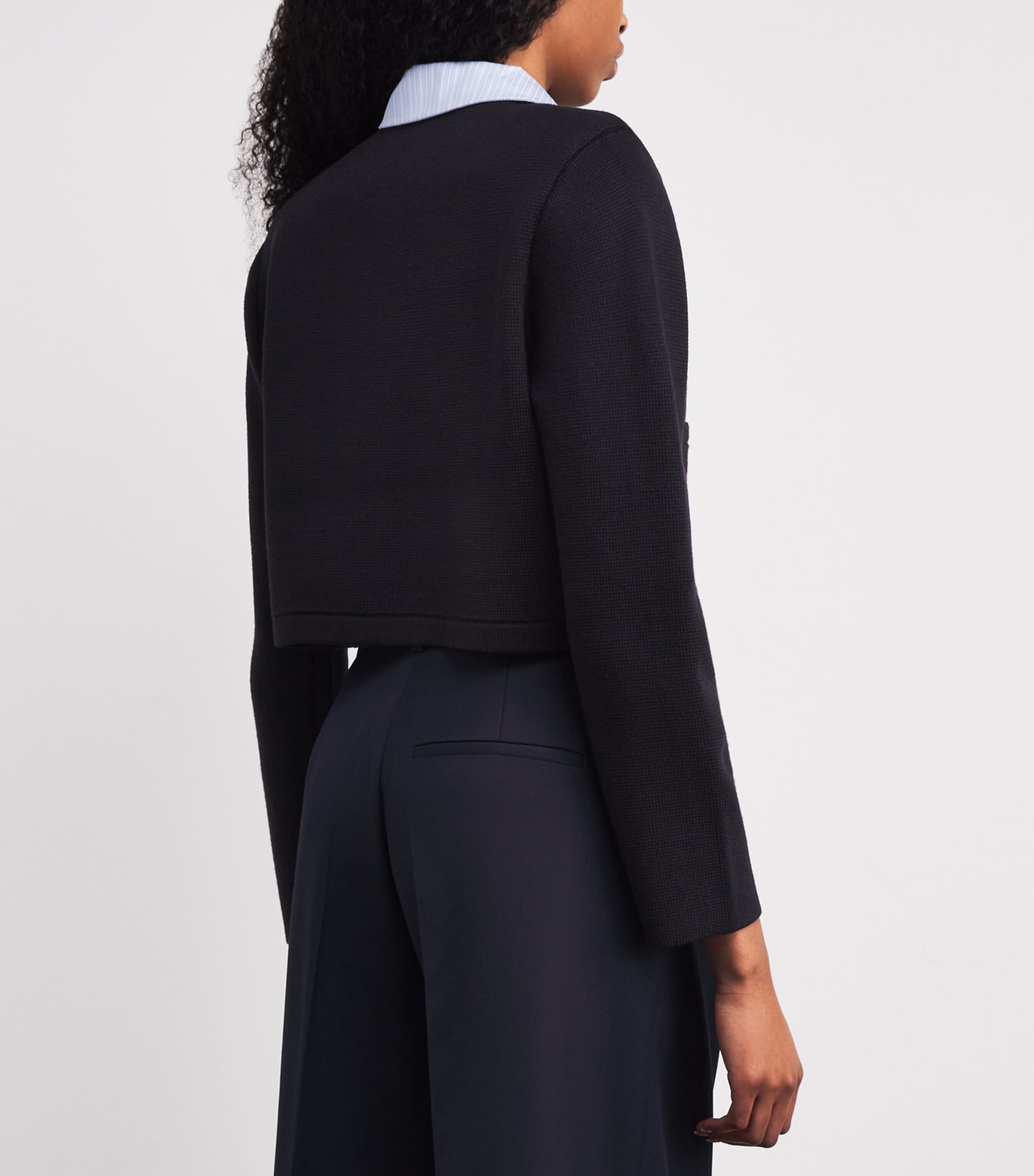 Cropped Collared Knitted Cardigan NAVY Image 4