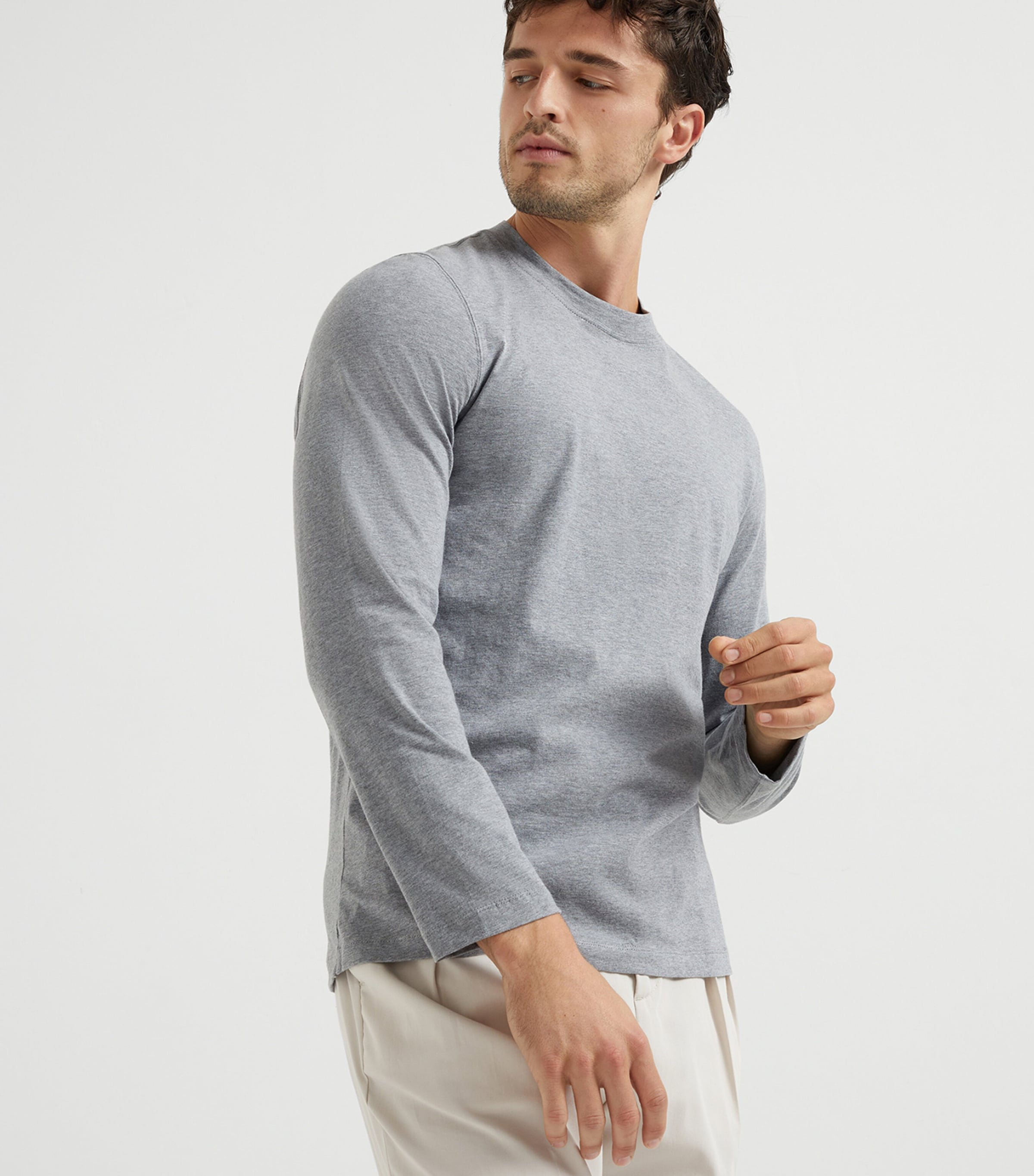 BRUNELLO CUCINELLI グレー 長袖 Tシャツ Brunello Cucinelli - Heather Gray Ribbed Cotton Long Sleeve