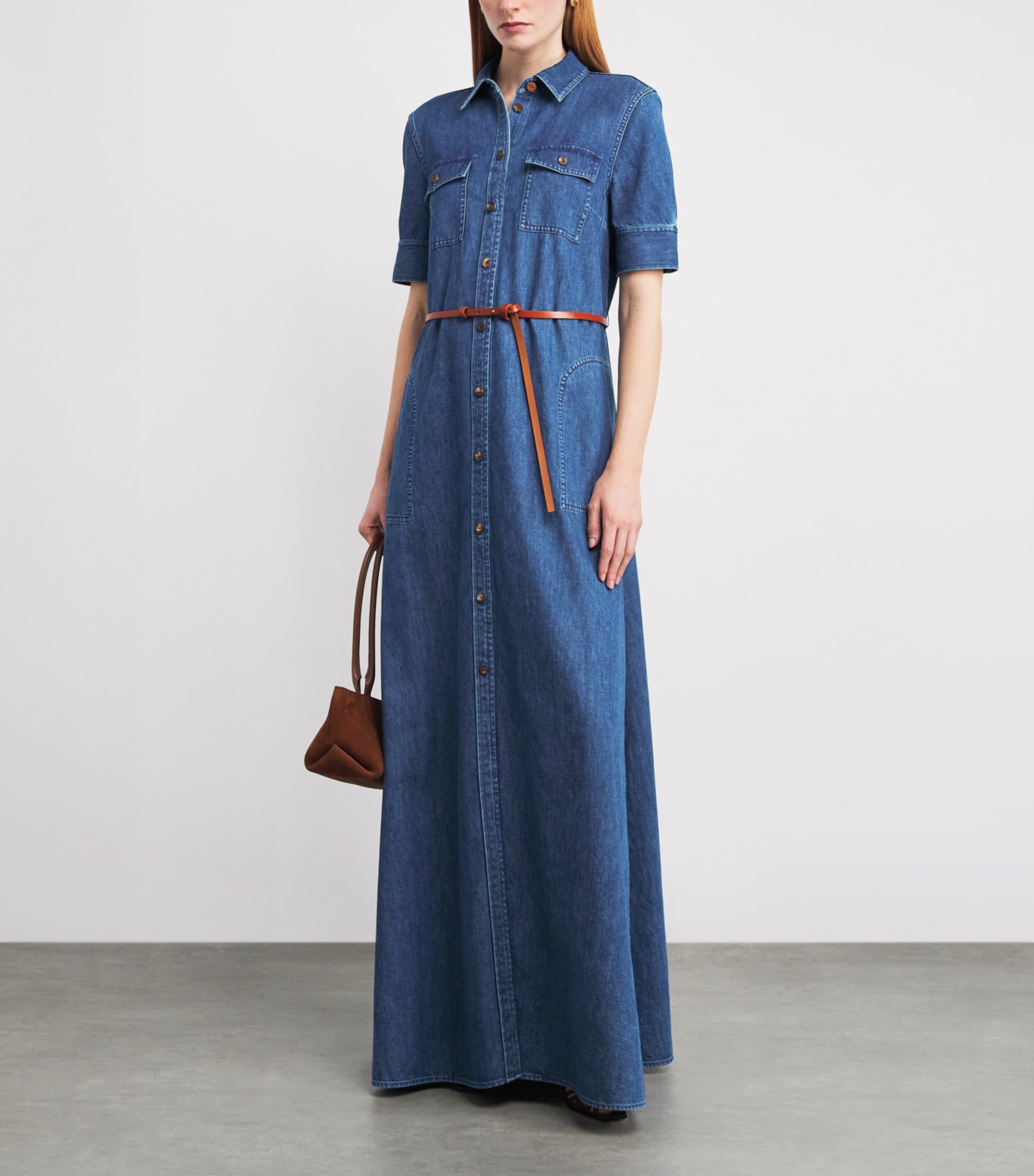Lafayette 148 Womens Denim Belted Maxi Dress Faded Skyline Image 2