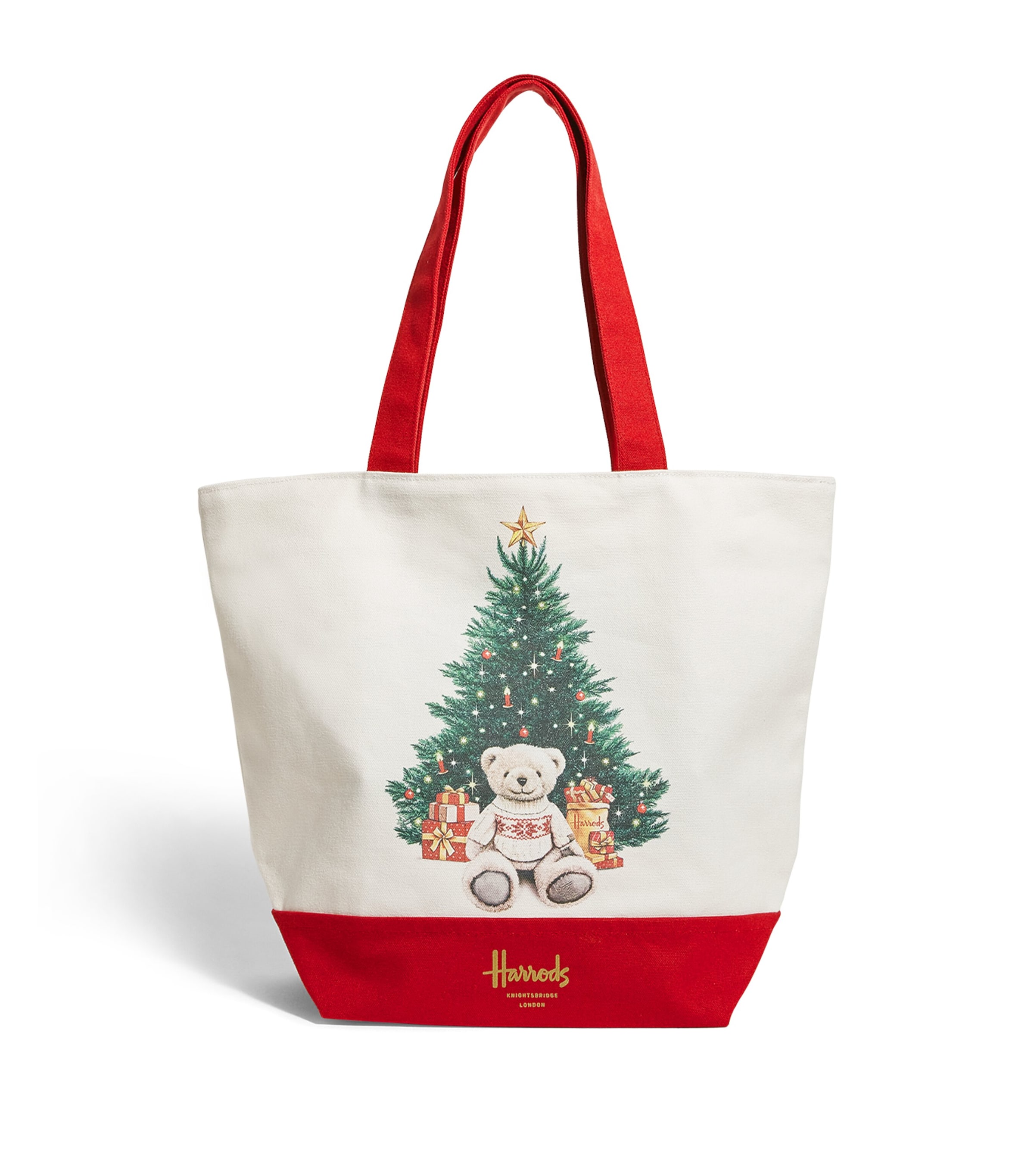 Harrods Cotton Christmas Bear Tote Bag In Red