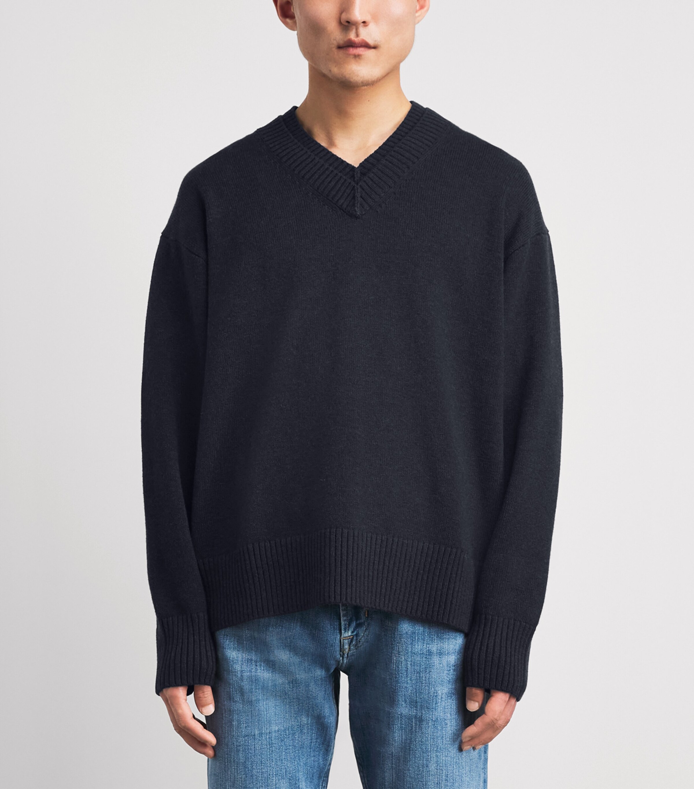 7 For All Mankind Mens Wool-Blend Double V-Neck Sweater Mid Blue Image 4