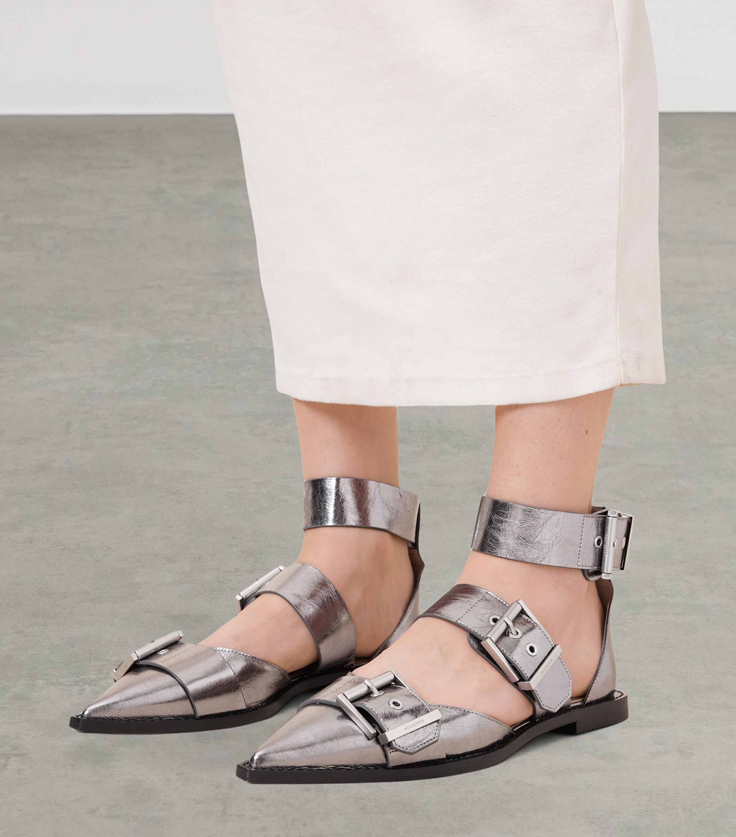 AllSaints Metallic Leather Sutton Ballet Flats Gunmetal Grey Image 2