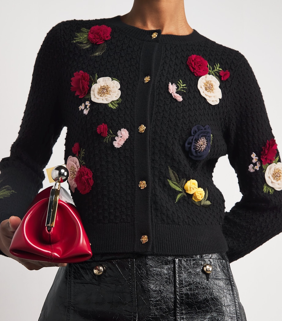 Wool Floral-Appliqué Carolee Cardigan A008 BLACK MULTI Image 6
