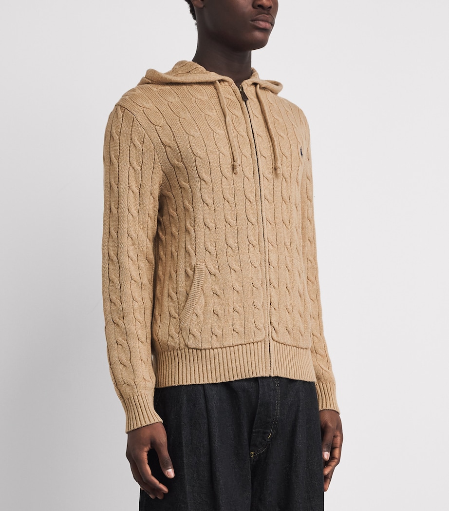 Polo Ralph Lauren Mens Cotton Cable-Knit Zip-Up Hoodie Camel Melange Image 4