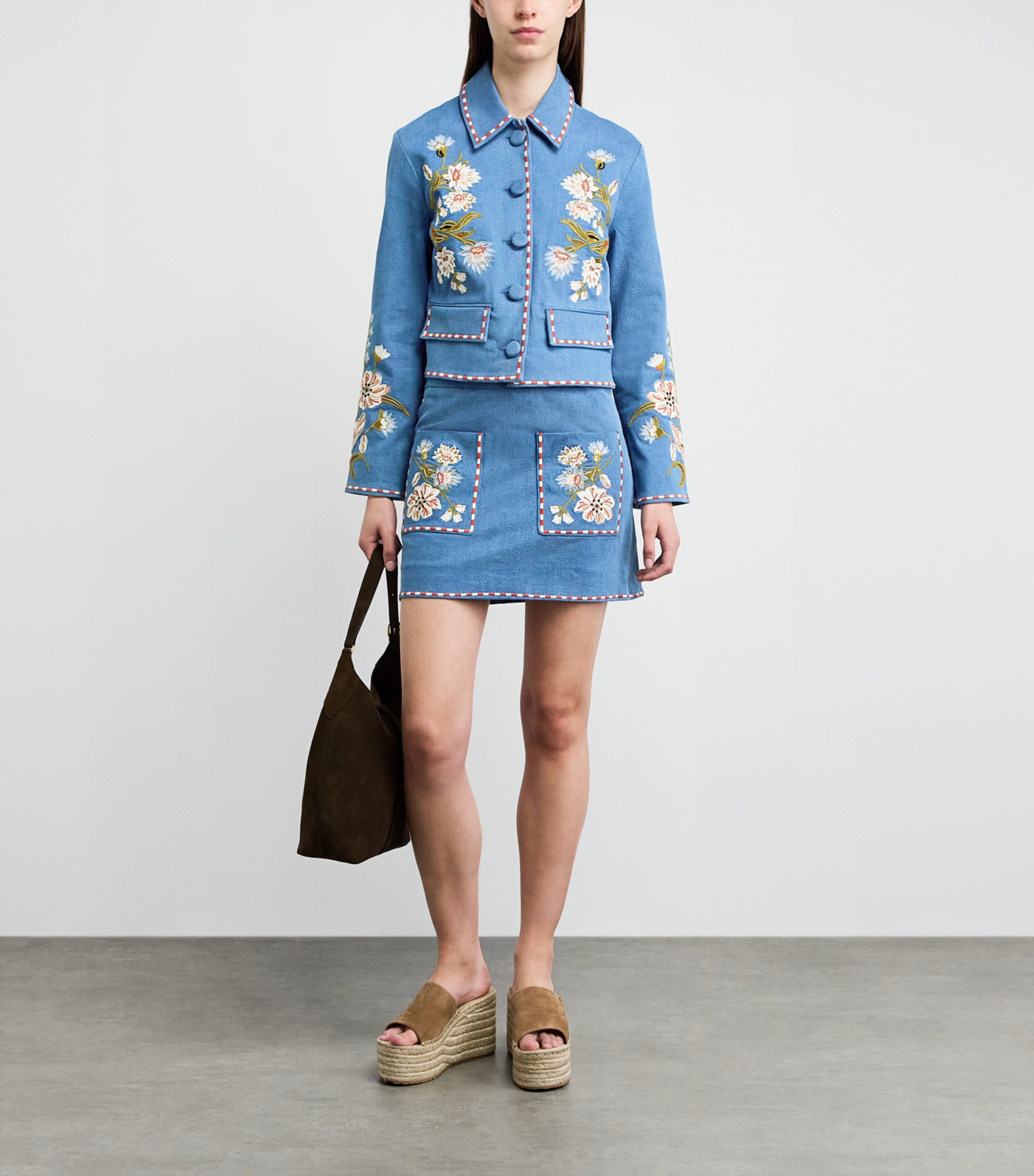 Veronica Beard Womens Embroidered Tailored Denim Jacket Sea Glare Image 2