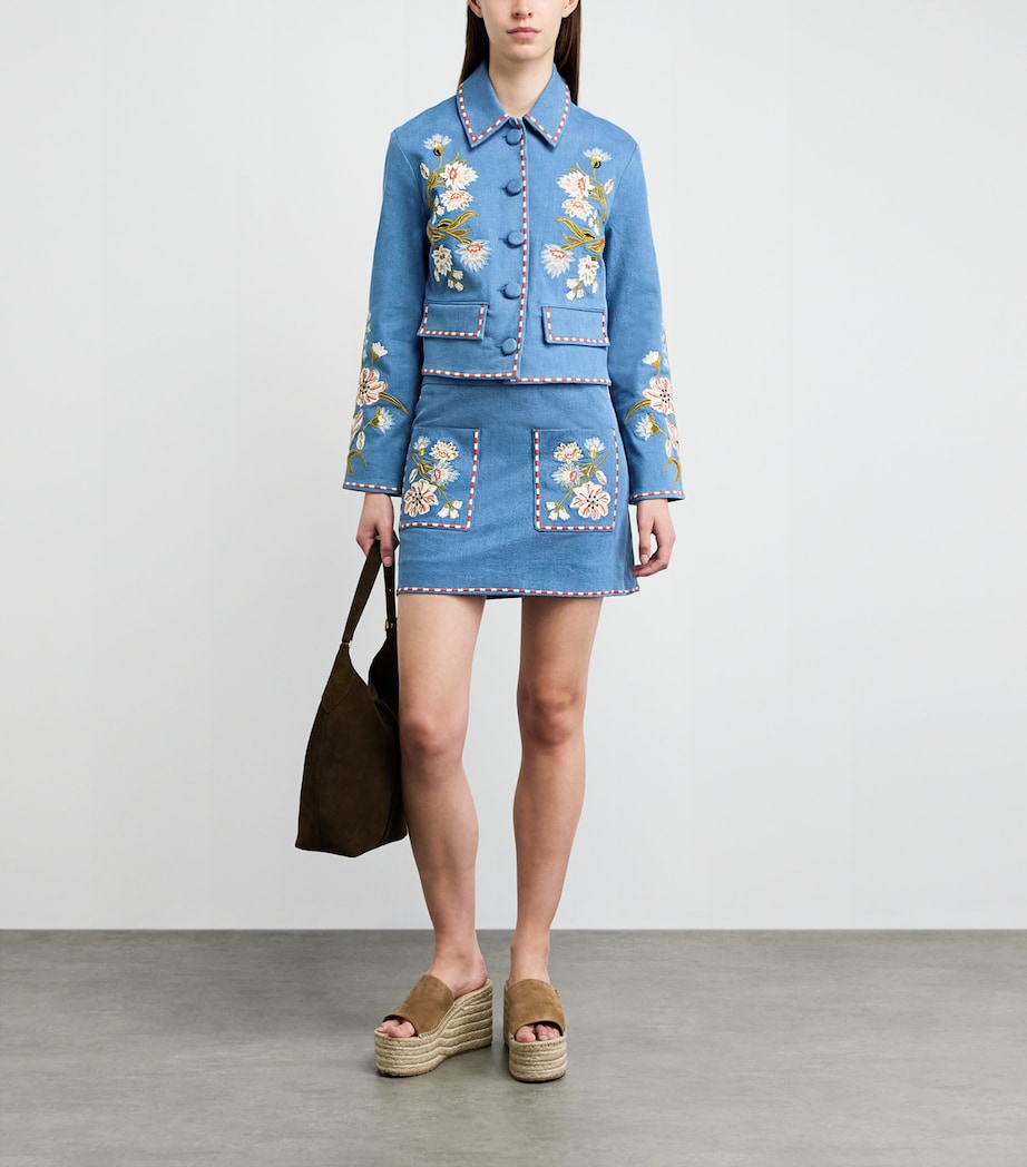 Veronica Beard Womens Embroidered Tailored Denim Jacket Sea Glare Image 2