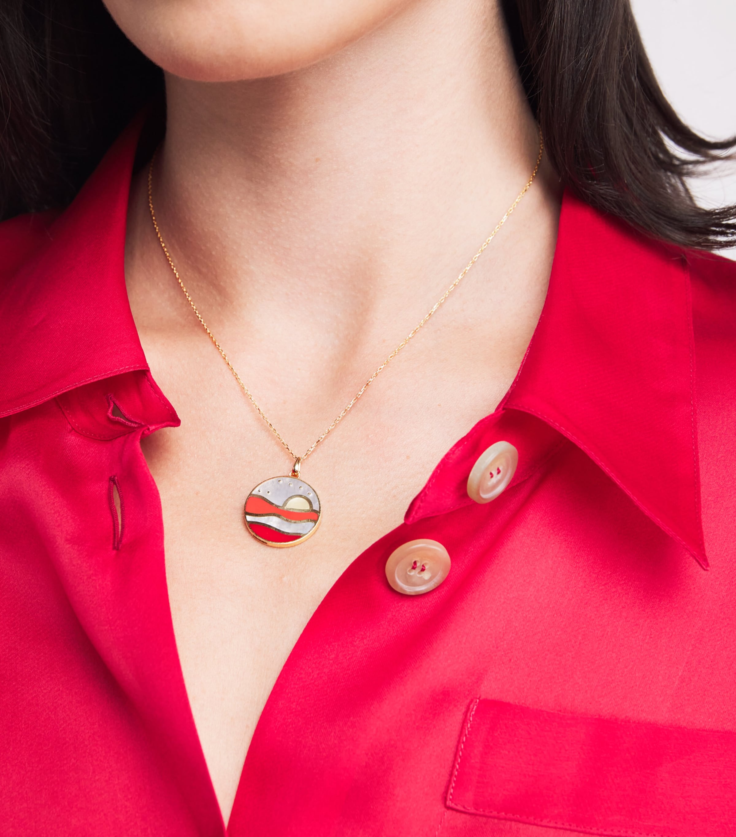 Yellow Gold, Diamond, Malachite, Coral and Pearl Aurora Necklace YELLOW GOLD Image 2