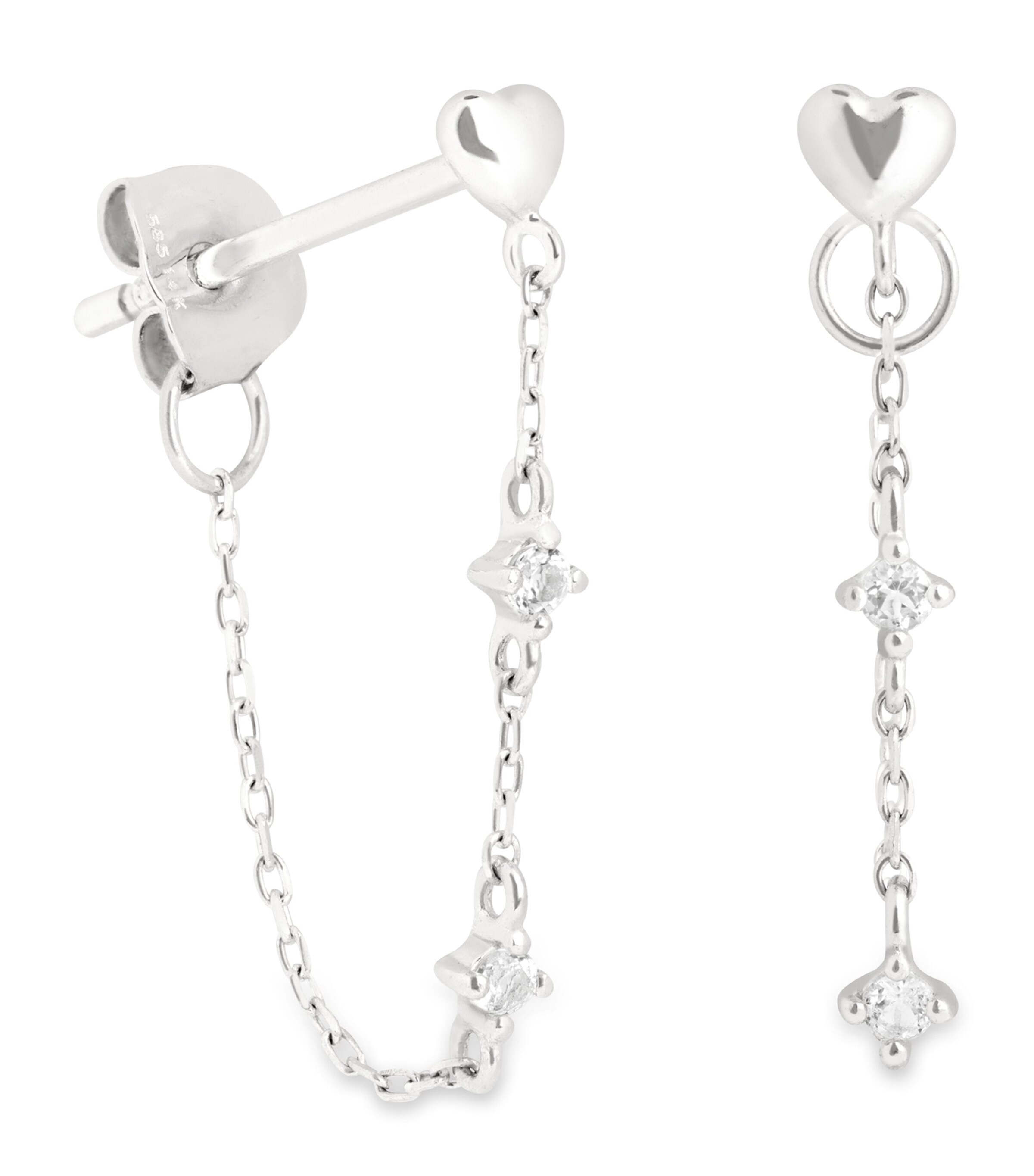 Astrid & Miyu White Gold And Topaz Heart Chain Earrings In Silver