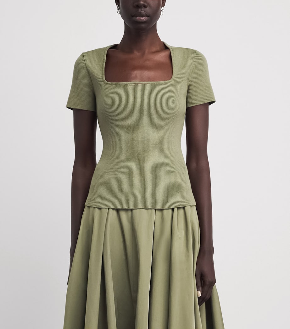 Maje Womens Cotton-Blend Rib-Knit Top Khaki Image 4