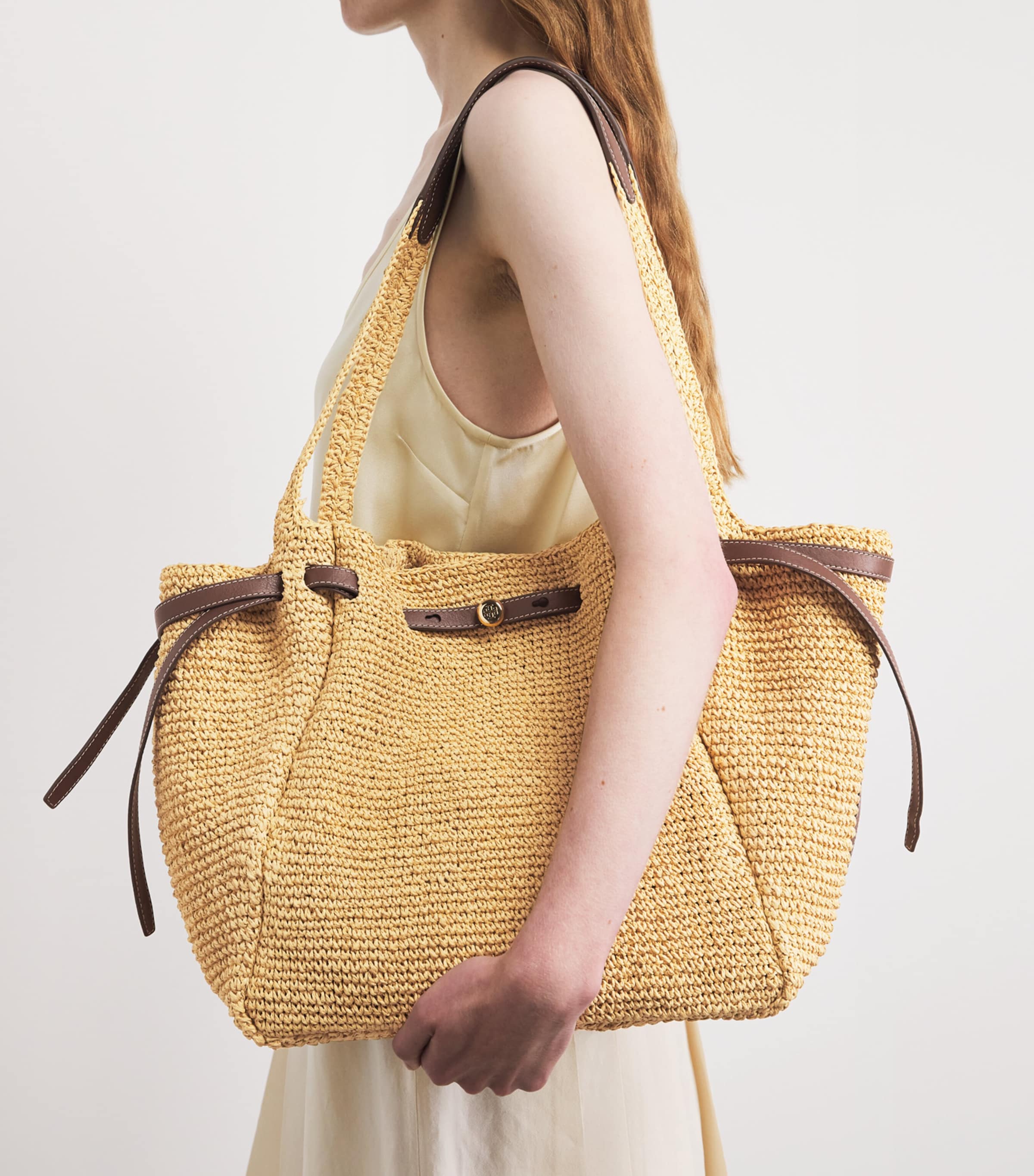 Tory Burch Raffia-Leather Romy Tote Bag Natural Image 4