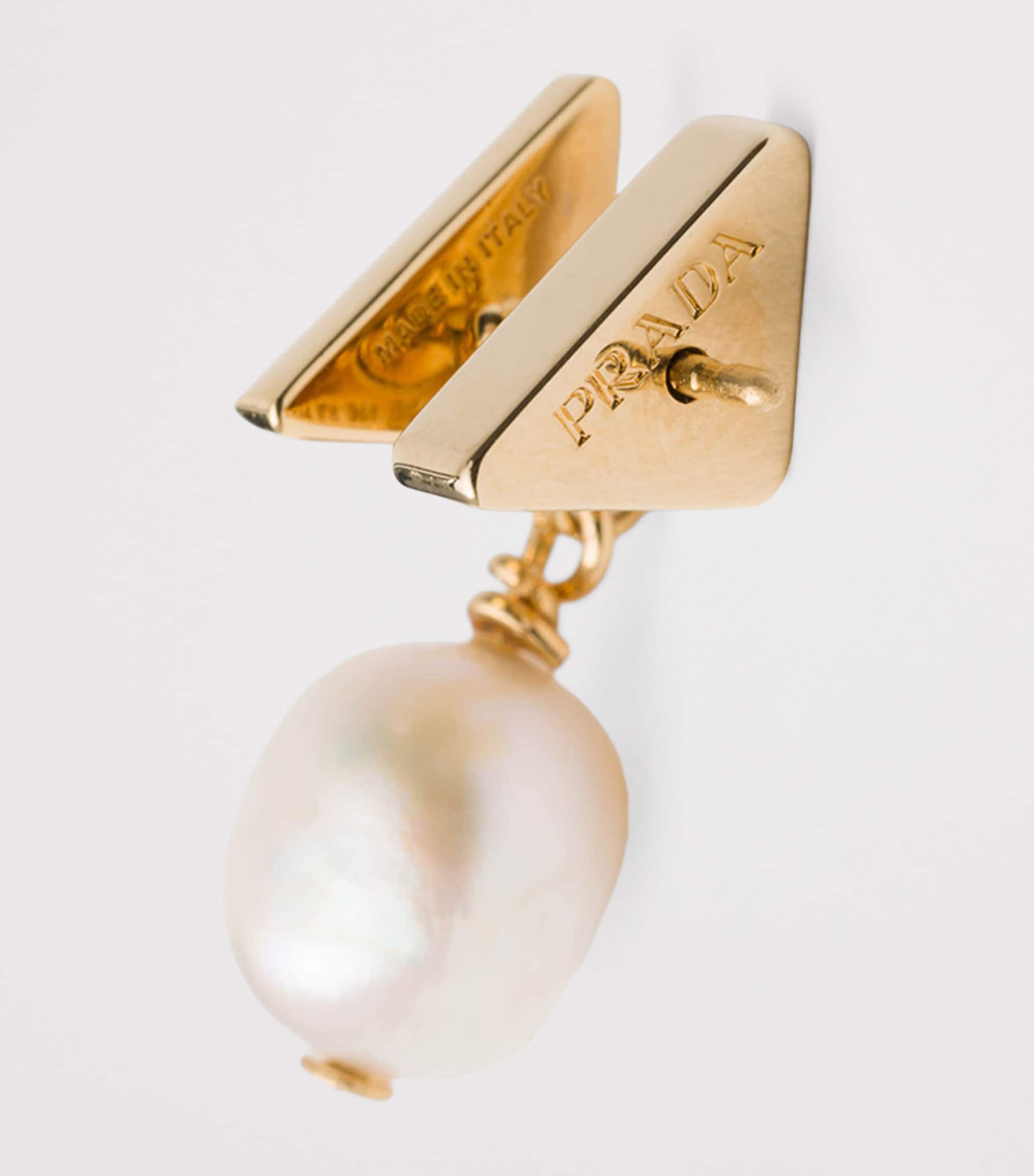 Prada Pearl Triangle Stud Earrings Gold/silver Image 4