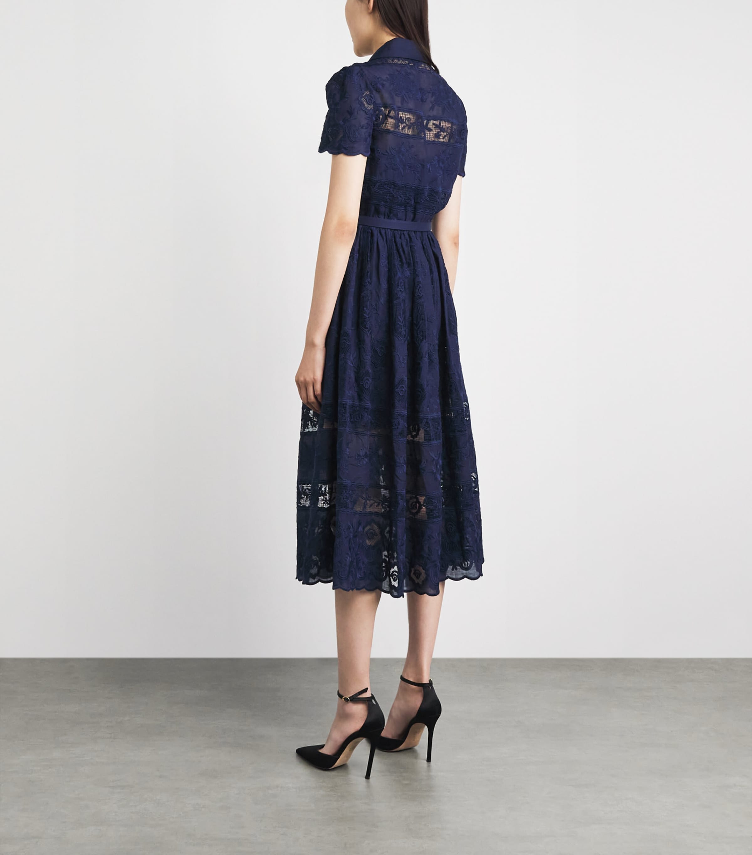 Self-Portrait Womens Ramie Embroidered Midi Shirt Dress Navy Image 4