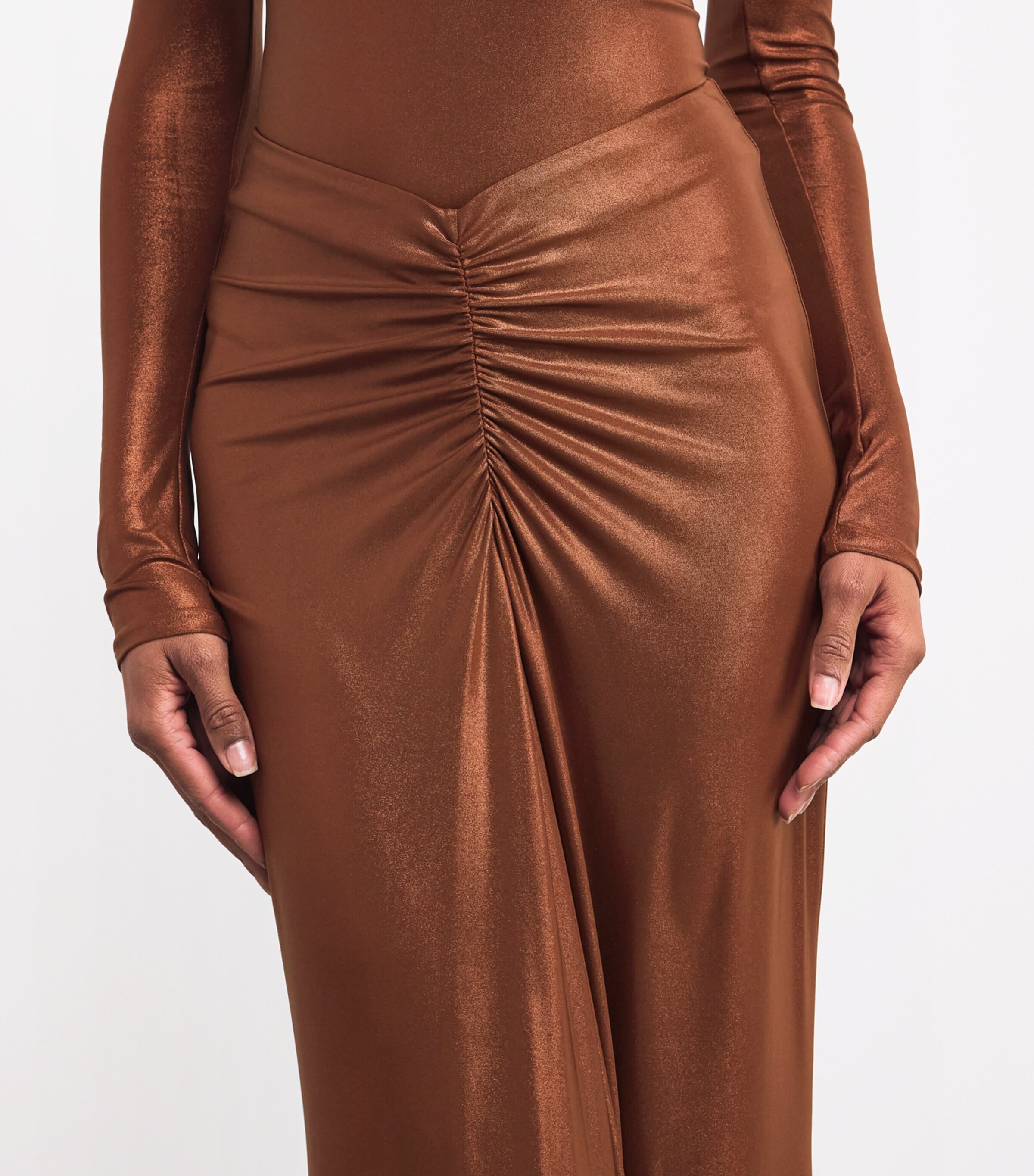 LAPOINTE Womens Coated Jersey Ruched Maxi Skirt Copper Image 6