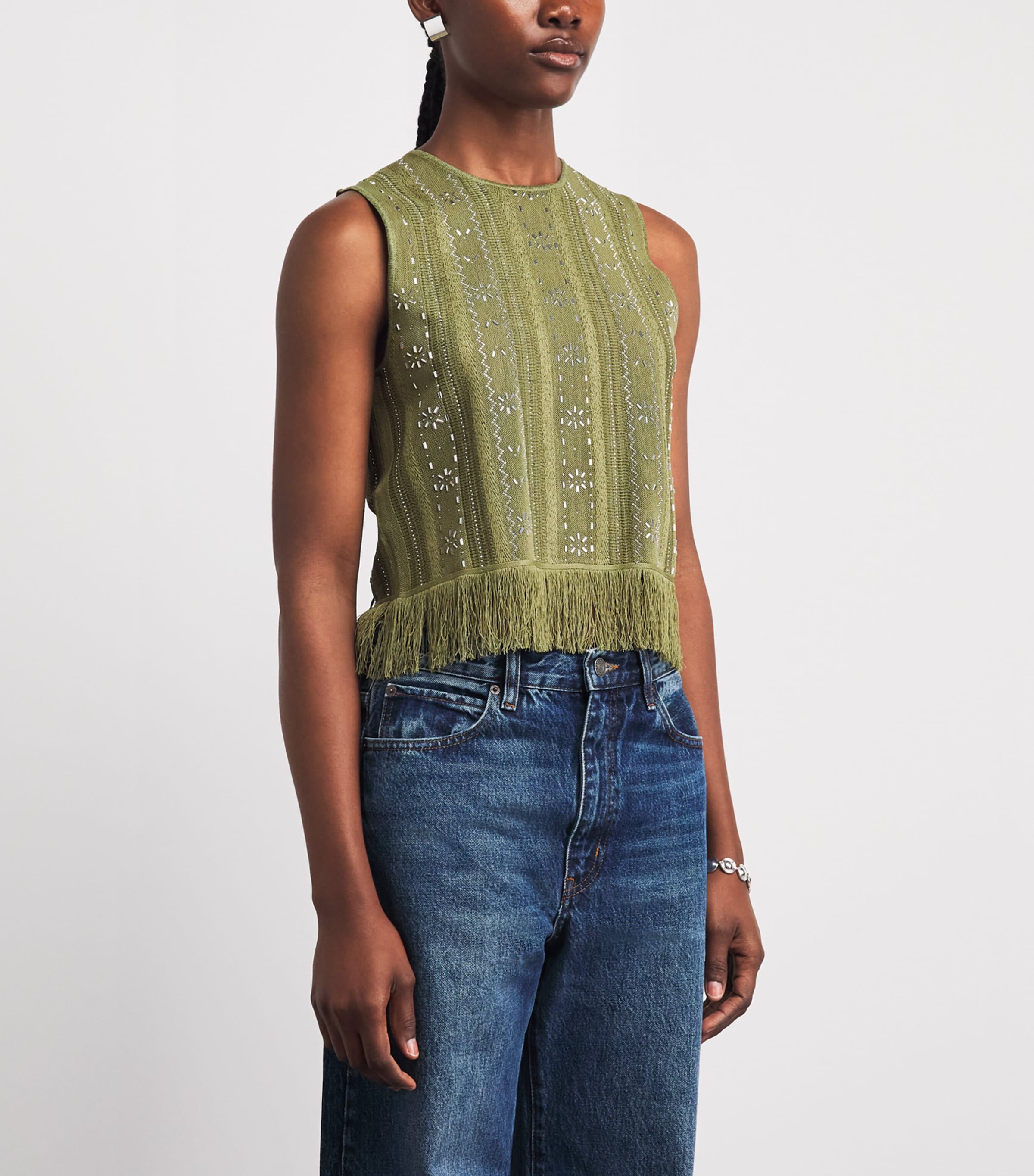 Maje Womens Beaded Fringed Tank Top Khaki Image 5