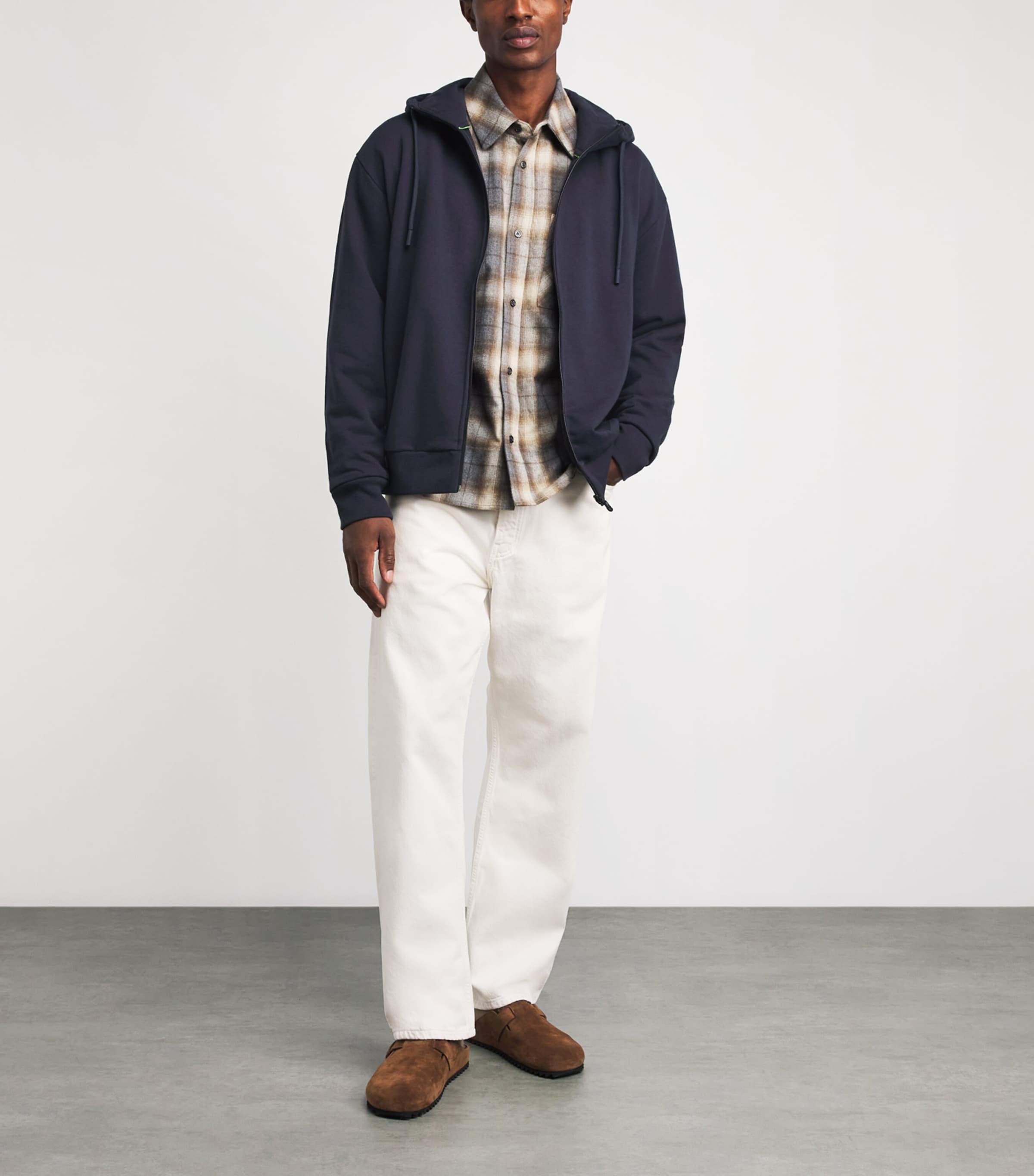 BOSS Navy Cotton-Blend High-Neck Zip Hoodie | Harrods US