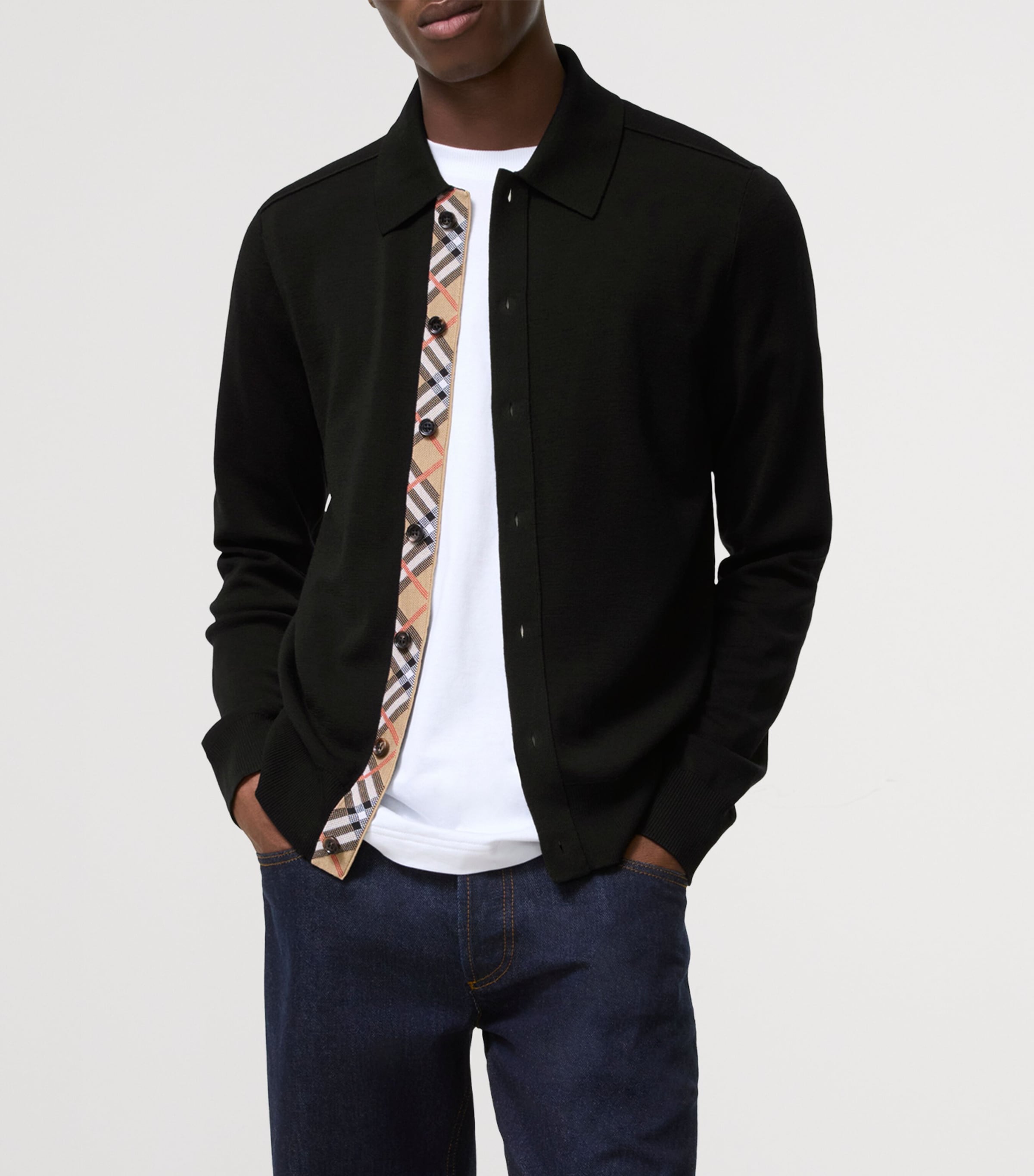 Burberry Mens Wool Check-Trim Cardigan Black Image 2