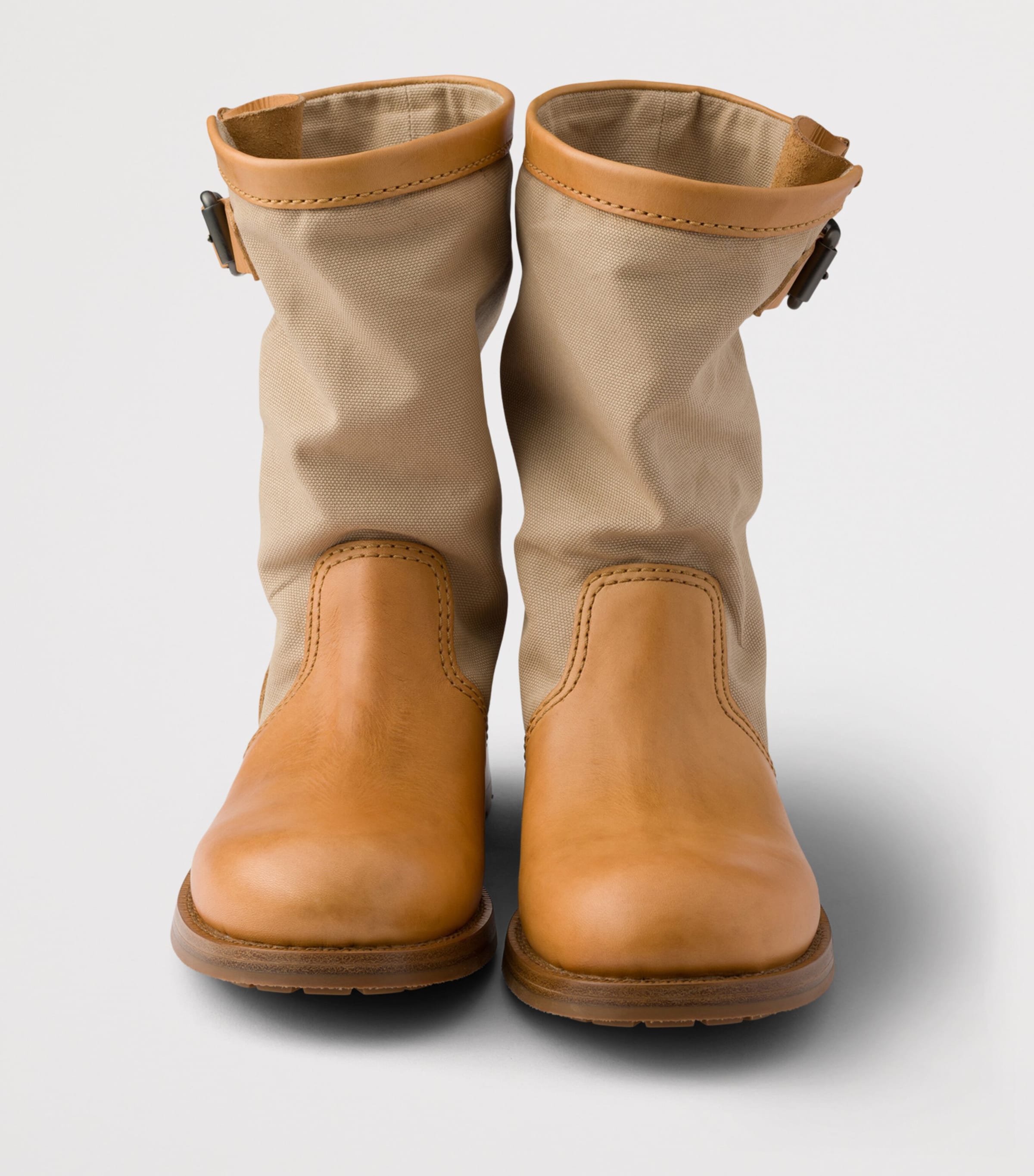 Prada Leather-Canvas Mid-Calf Boots 30 Neutral Image 7