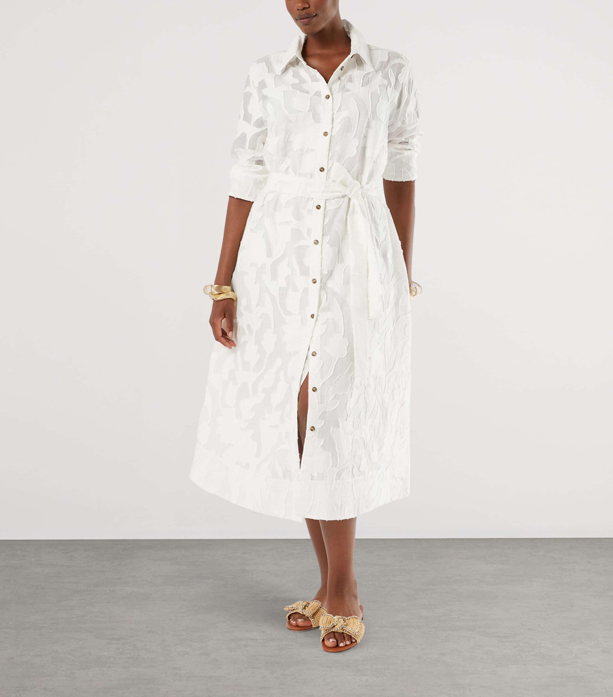 Marina Rinaldi Womens Floral Jacquard Midi Shirt Dress White Image 2