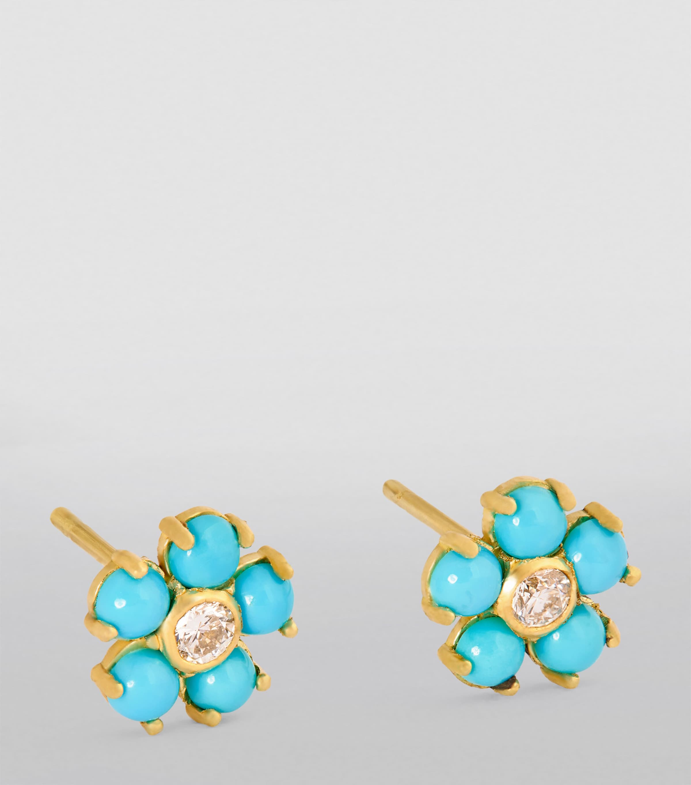 Jennifer Meyer Yellow Gold, Diamond and Turquoise Flower Stud Earrings Yellow Gold Image 2