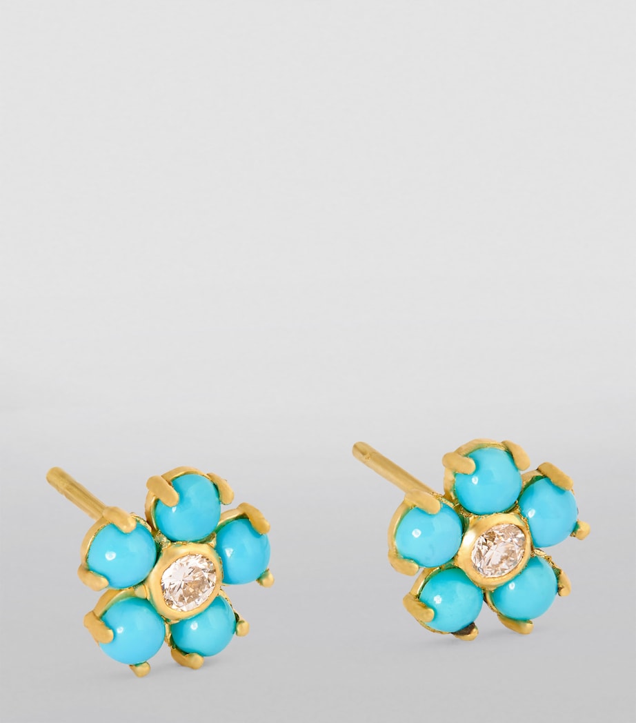 Jennifer Meyer Yellow Gold, Diamond and Turquoise Flower Stud Earrings Yellow Gold Image 2