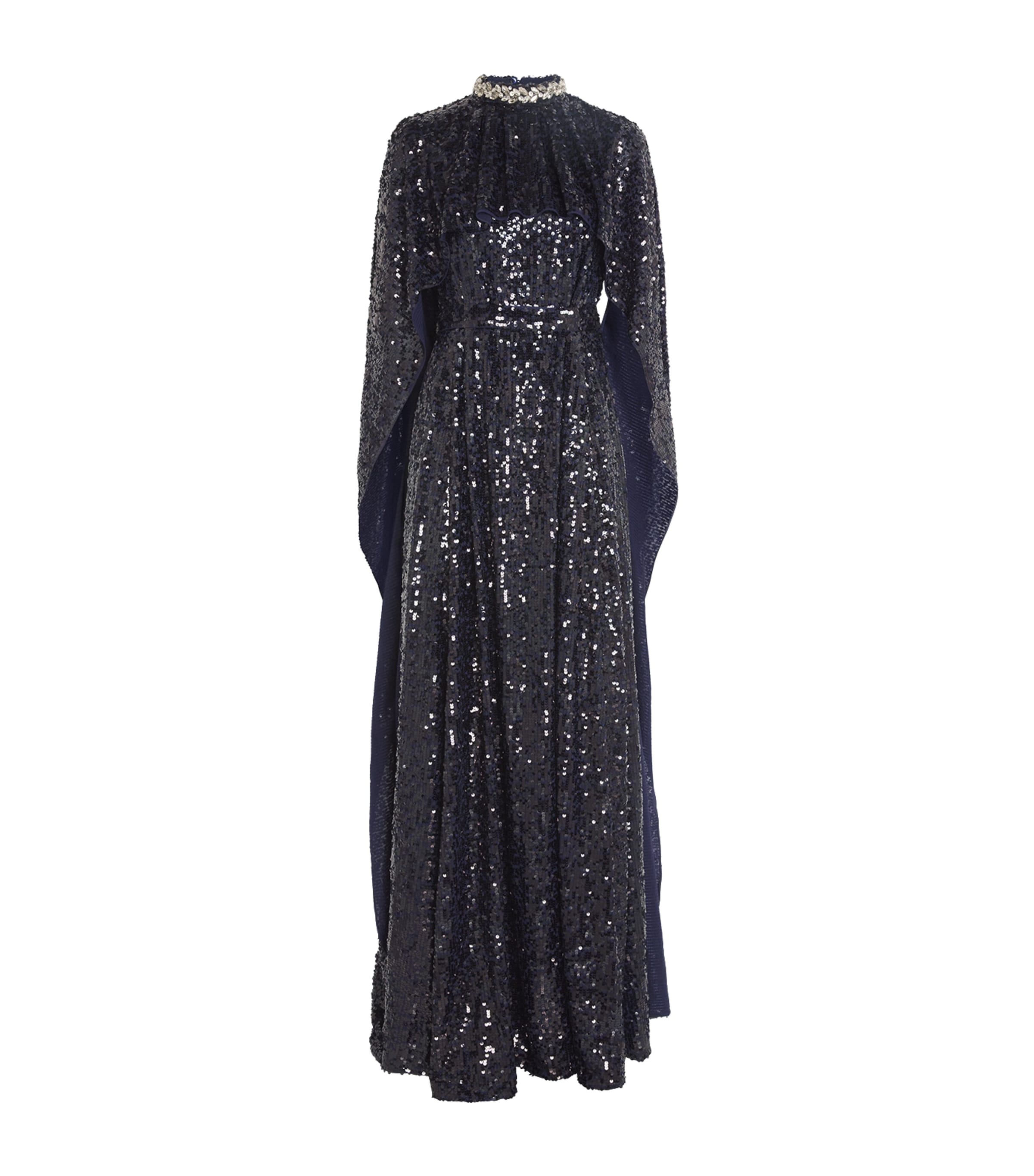 Shop Erdem Sequinned Cape Gown In Navy