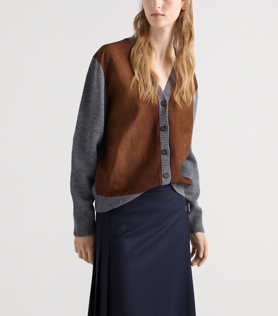 Prada Womens Wool Suede-Trim V-Neck Cardigan Grey Image 4