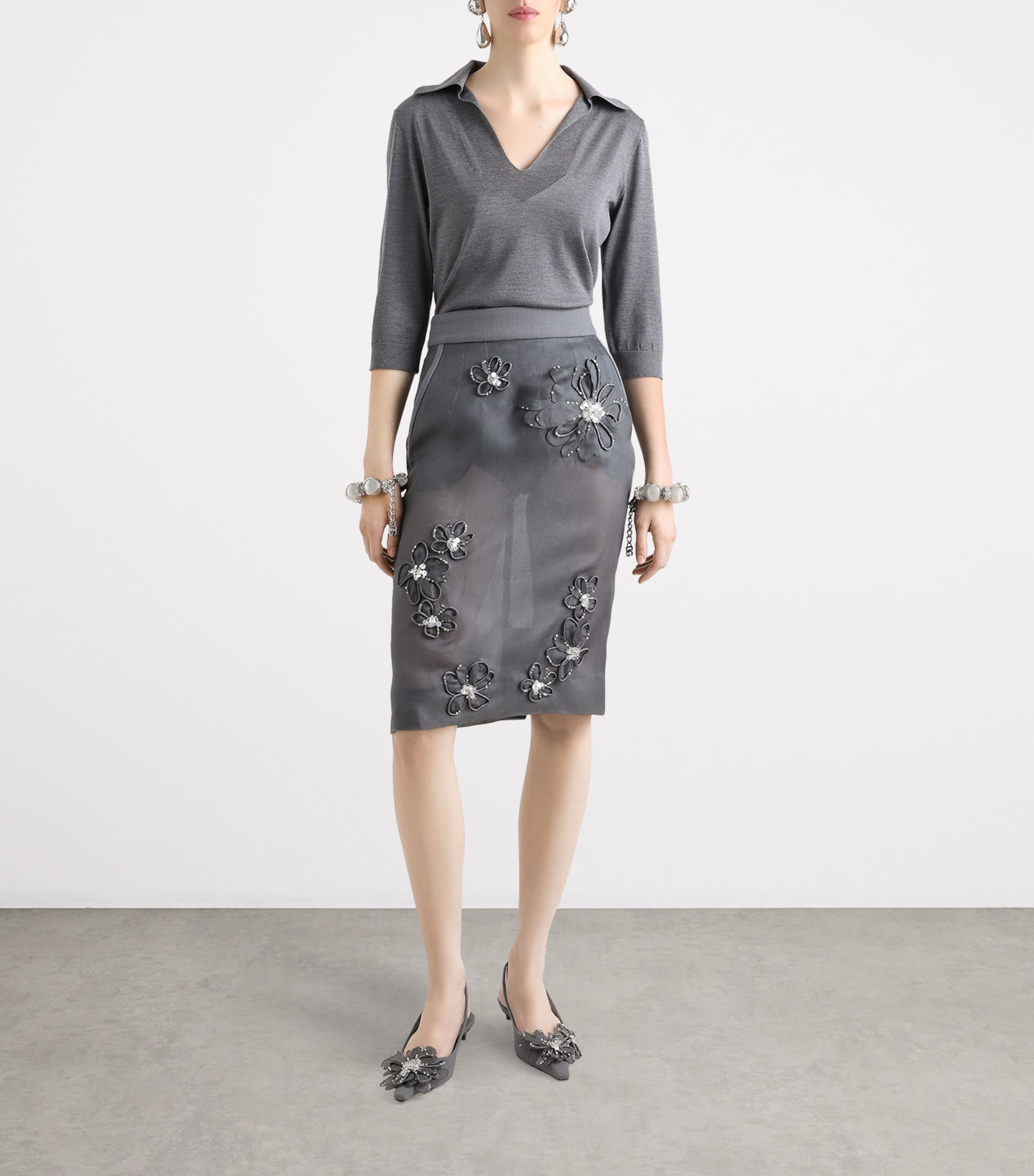 Silk-Blend Organza Floral Embroidery Midi Skirt S8400-EMBROIDERED Image 2