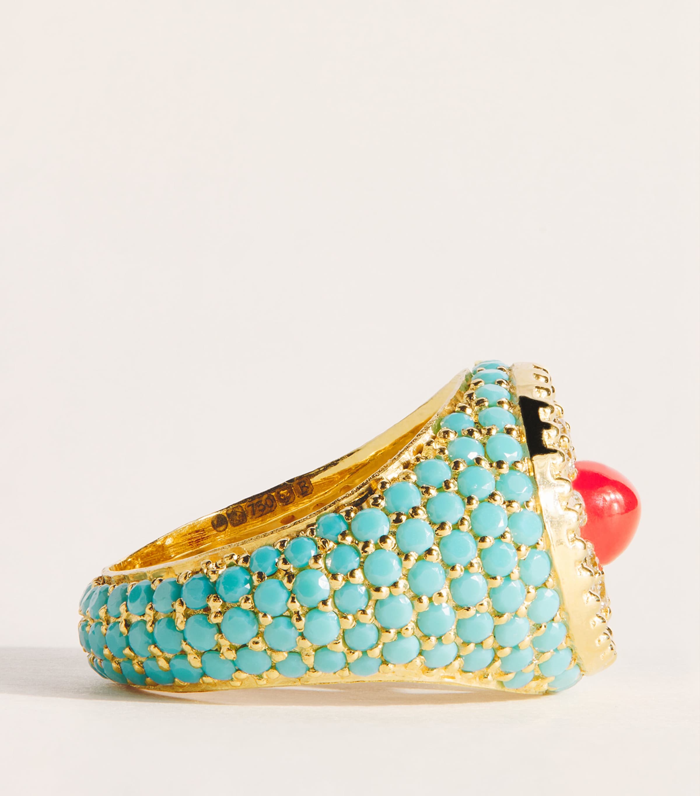 L'ATELIER NAWBAR Yellow Gold, Diamond, Coral and Turquoise Cosmic Love Arabesque Pinky Ring Yellow Gold Image 3