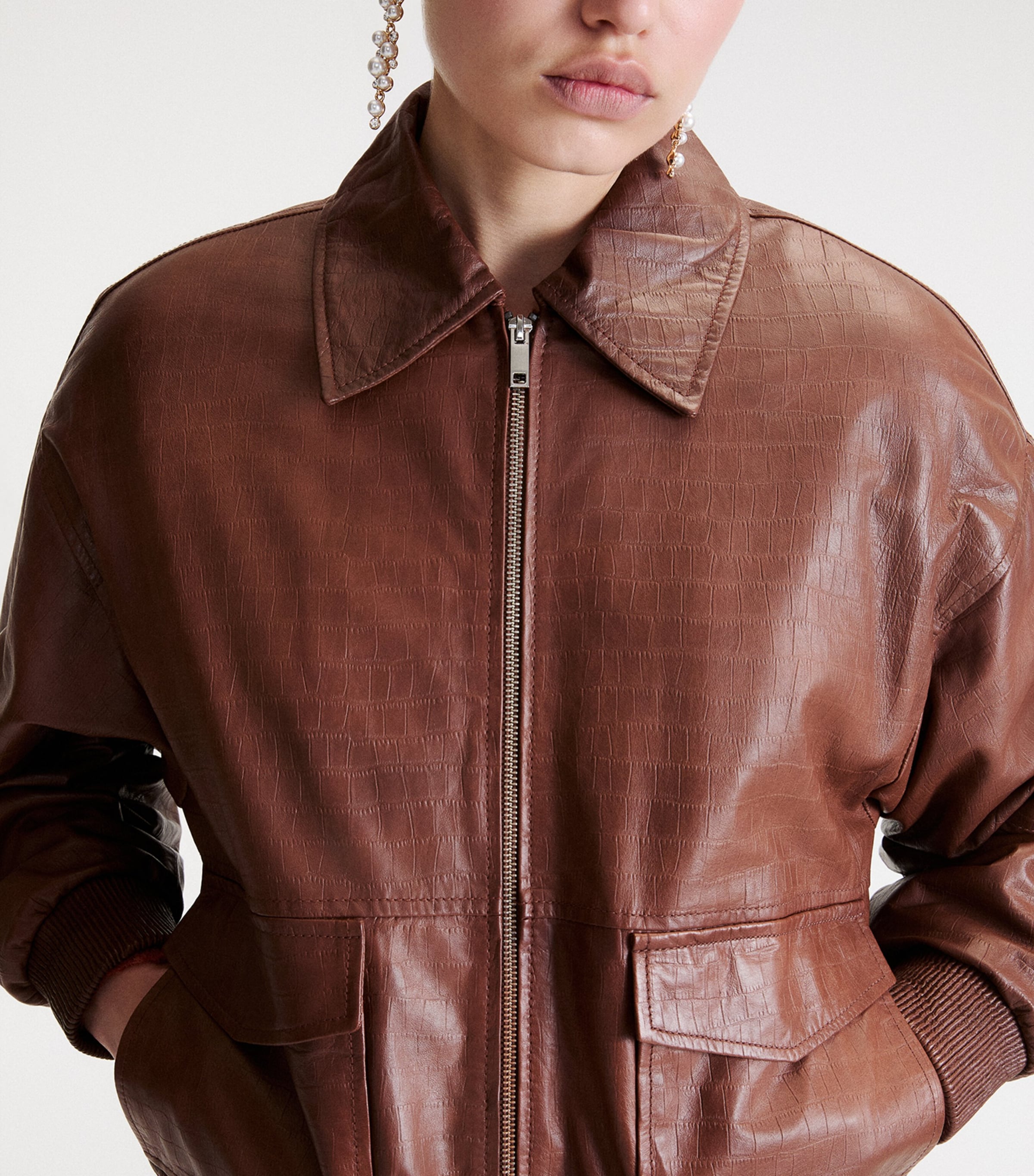 Marella Womens Croc-Embossed Leather Bomber Jacket Brown Image 5