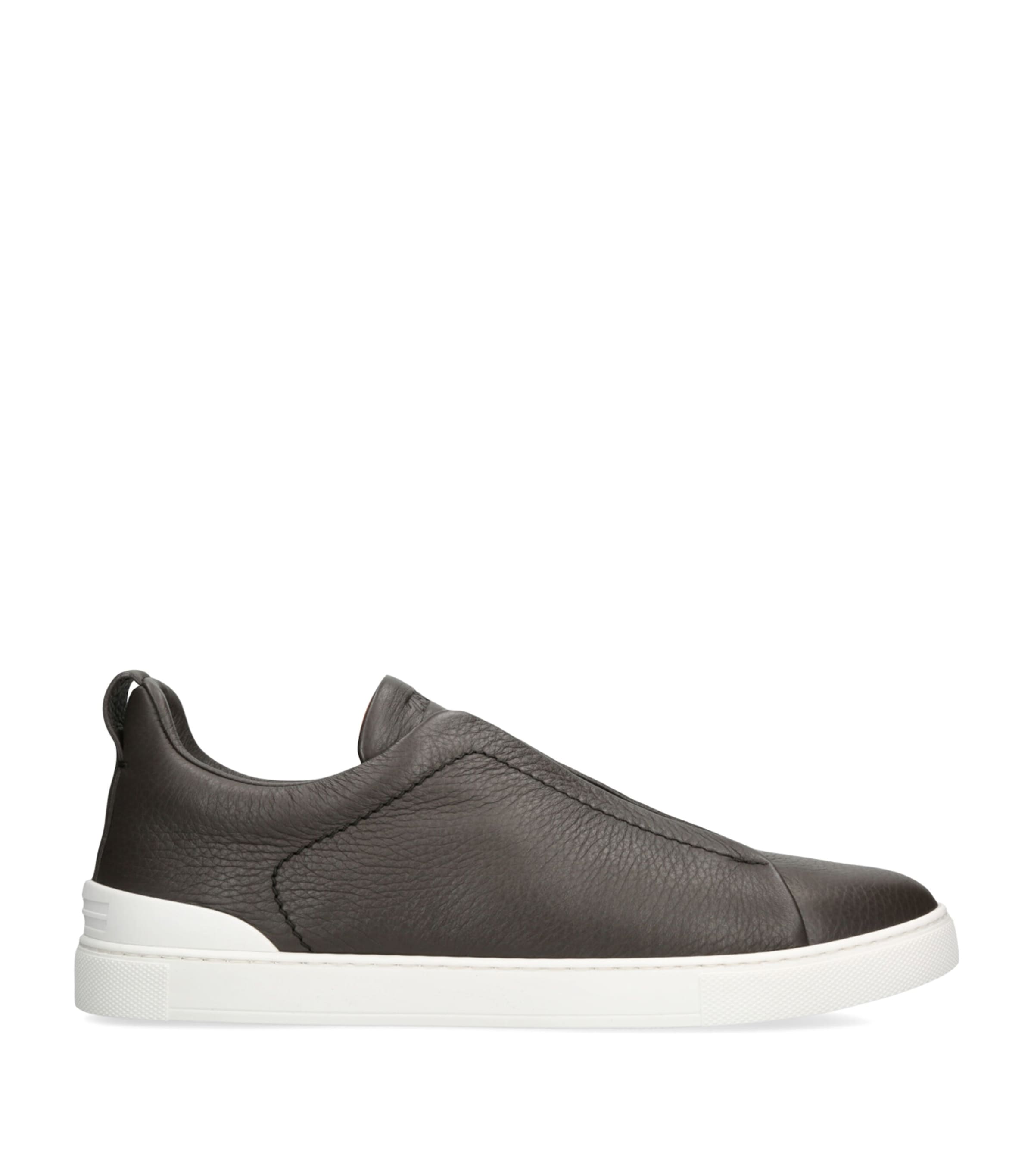 Shop Zegna Leather Triple Stitch Sneakers In Grey