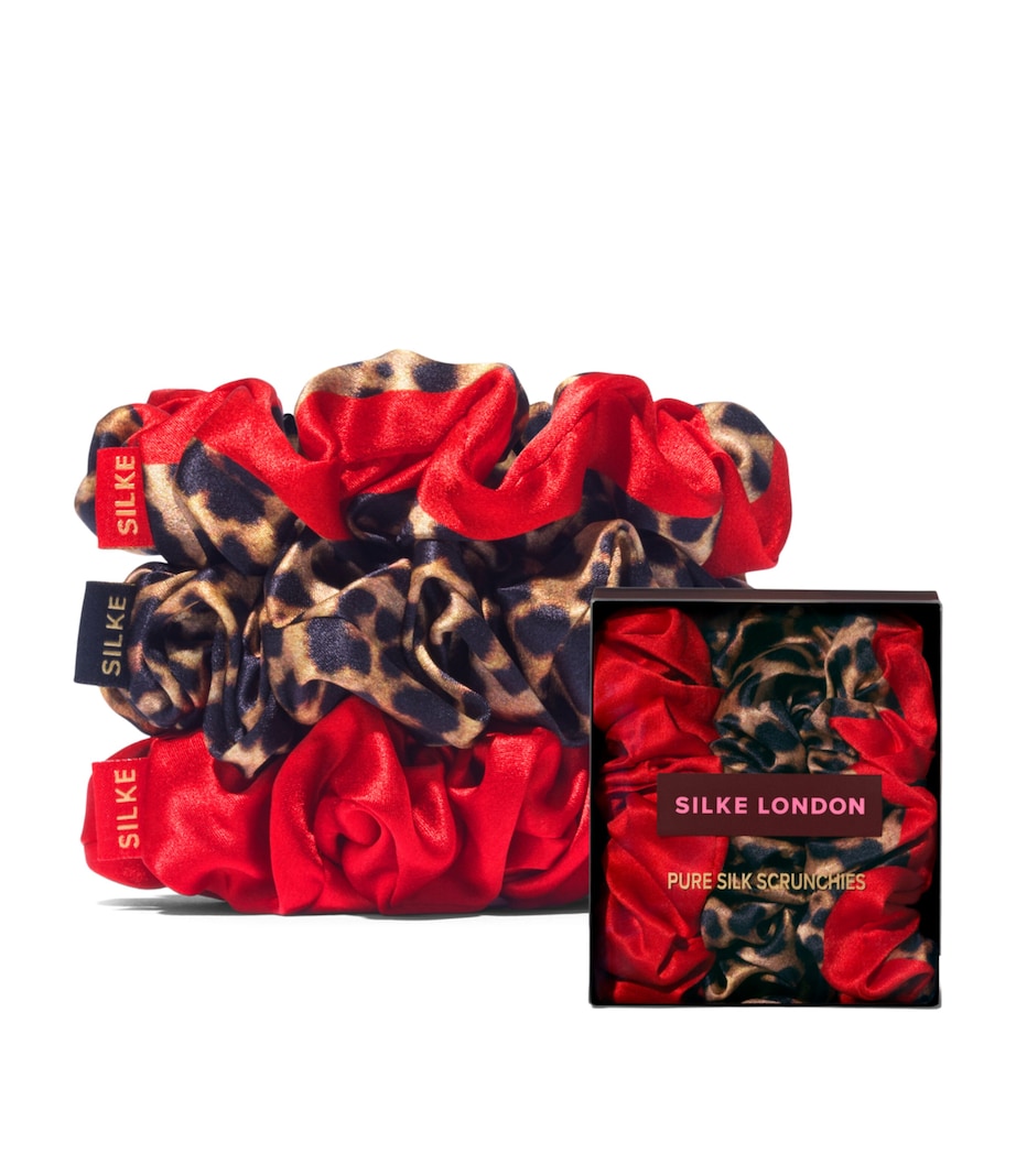 SILKE Mulberry Silk Hair Scrunchies (Set of 3) Leopard Red Image 1