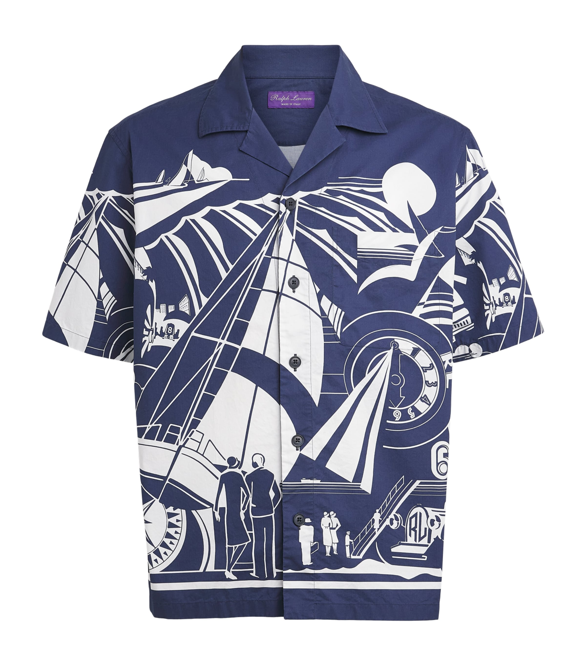 Ralph Lauren Purple Label Mens Cotton Art Deco Camp Shirt Chairman Navy Print Image 1