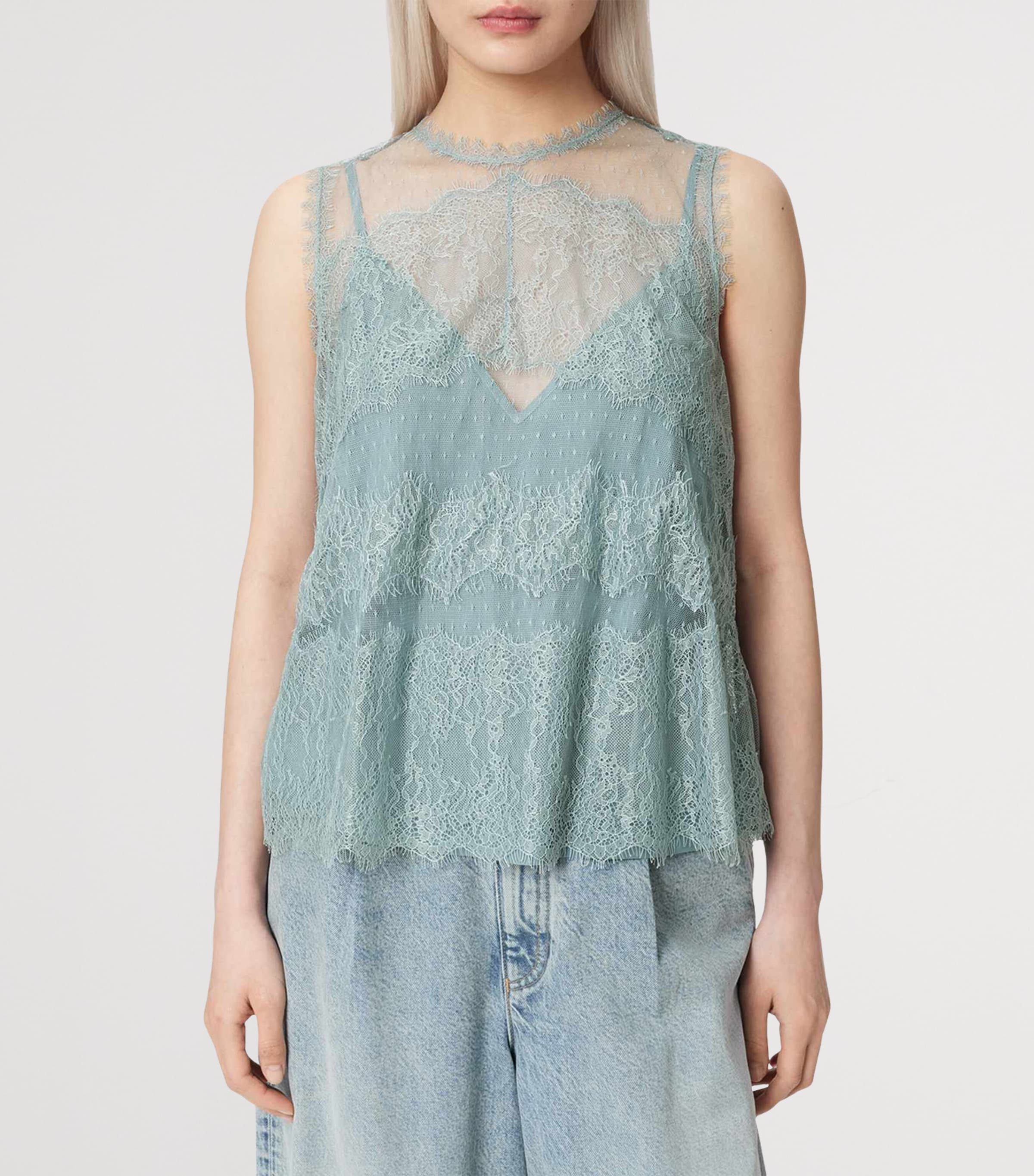AllSaints Womens Tulle Lace-Trimmed Clara Blouse Dusty Blue Image 3