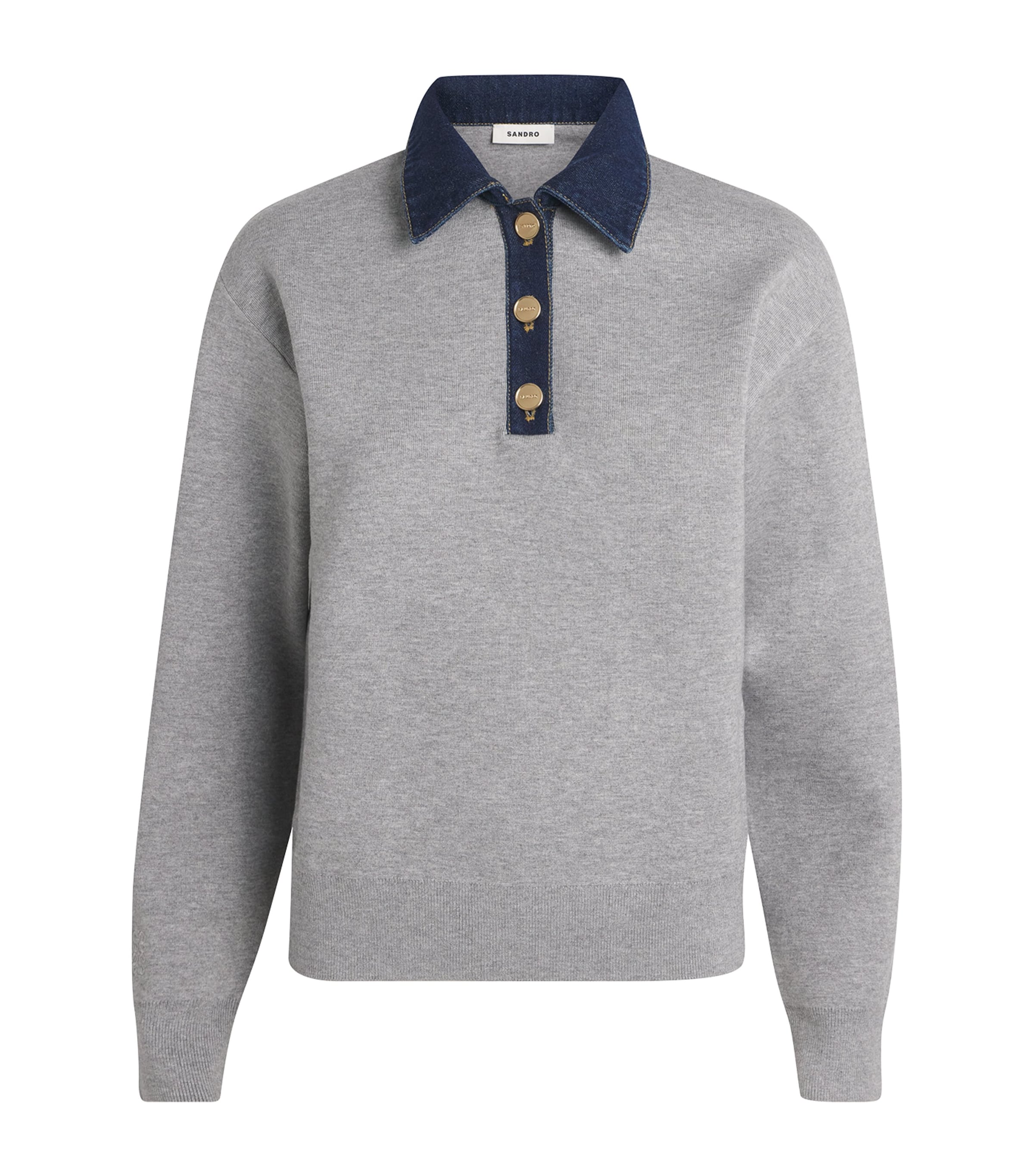 Sandro Womens Grey Denim Button-down Polo-collar Knitted Jumper In Gray