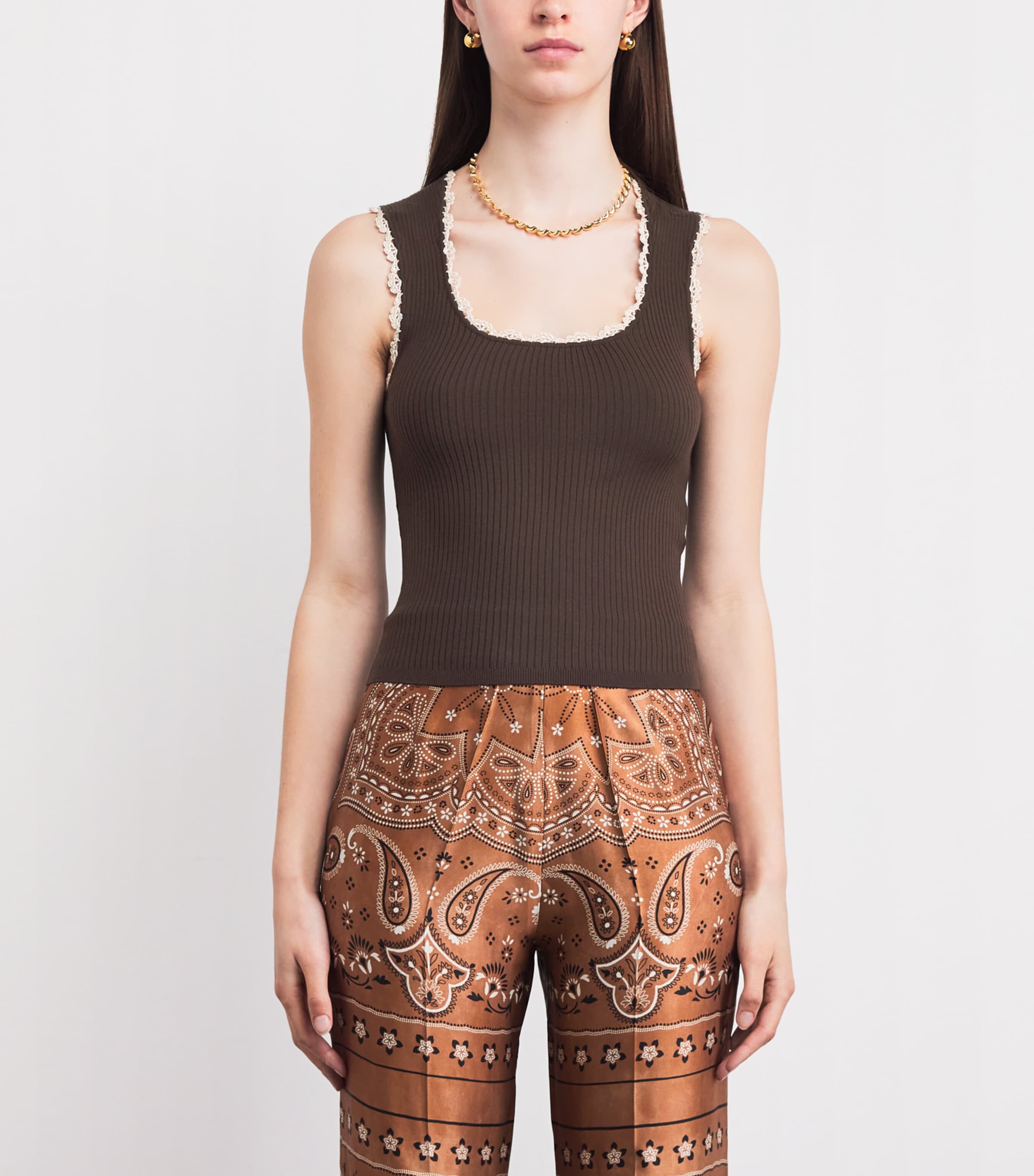Sandro Paris Womens Crochet-Trim Tank Top Brown Image 4