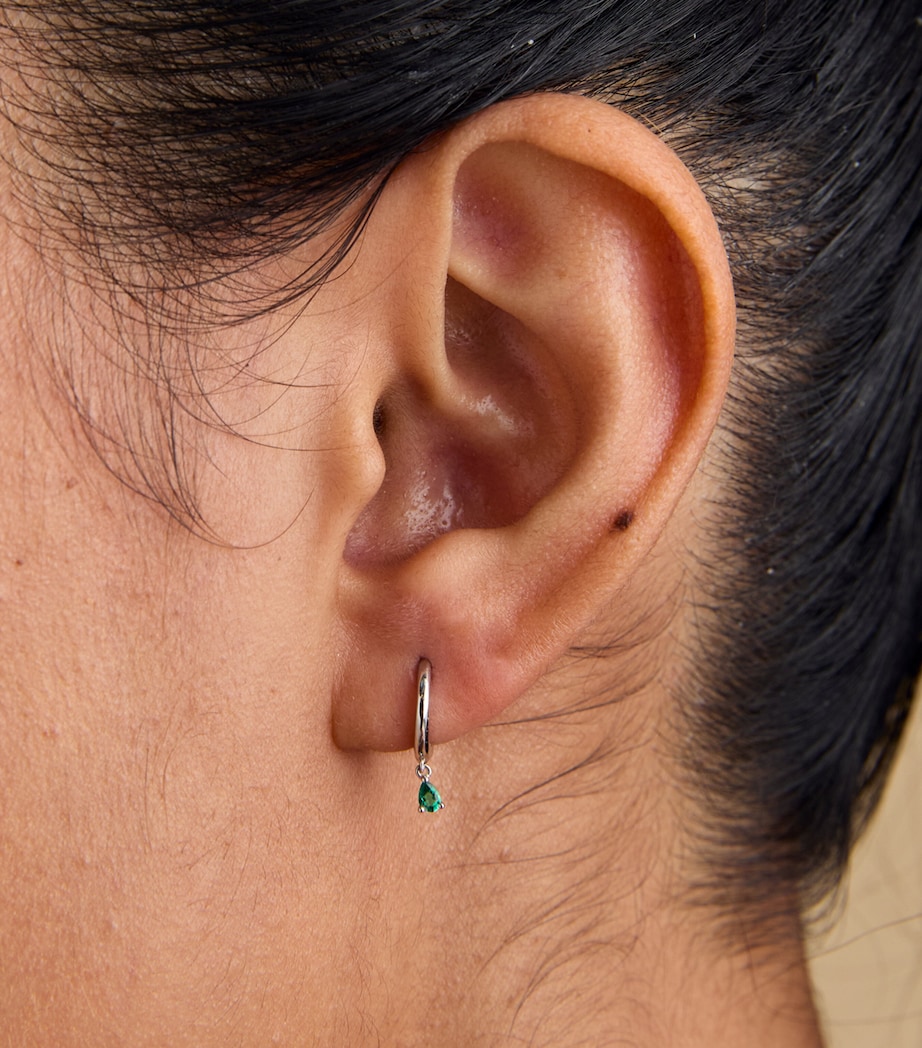 White Gold and Emerald Pear Huggie Hoop Earrings WHITE GOLD Image 2