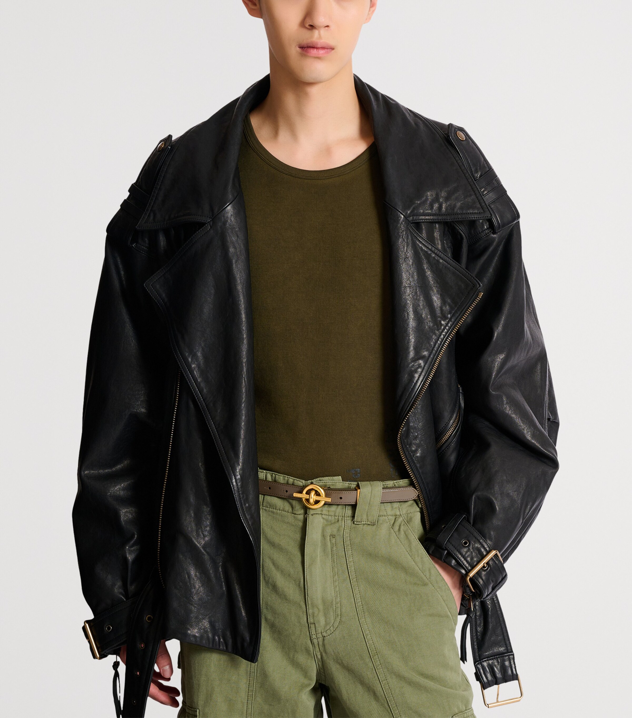 Balmain Leather Engraved T-Bar Belt Dark Olive Image 4