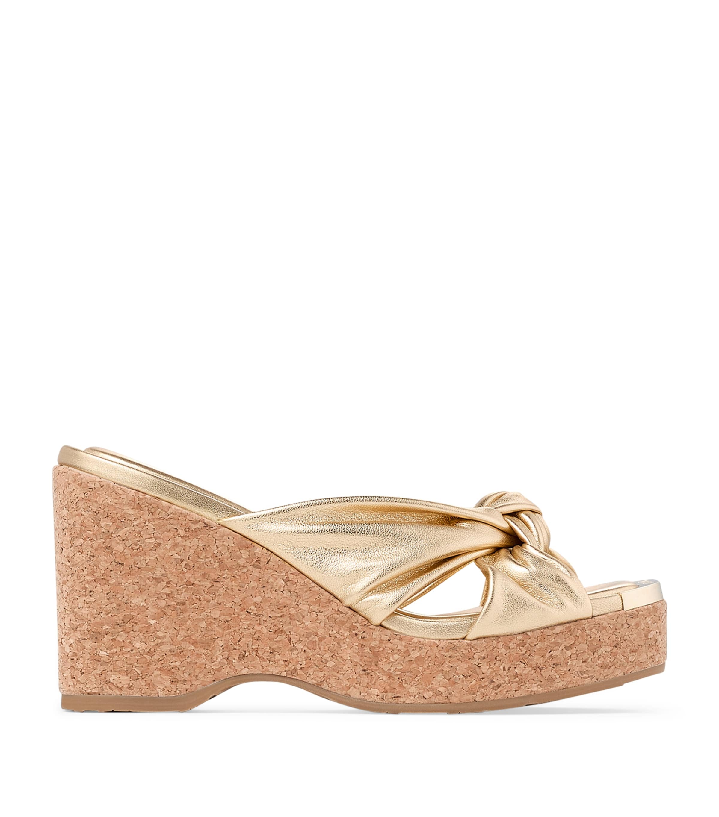 Shop Jimmy Choo Avenue 110 Leather Metallic Wedge Sandals In Gold