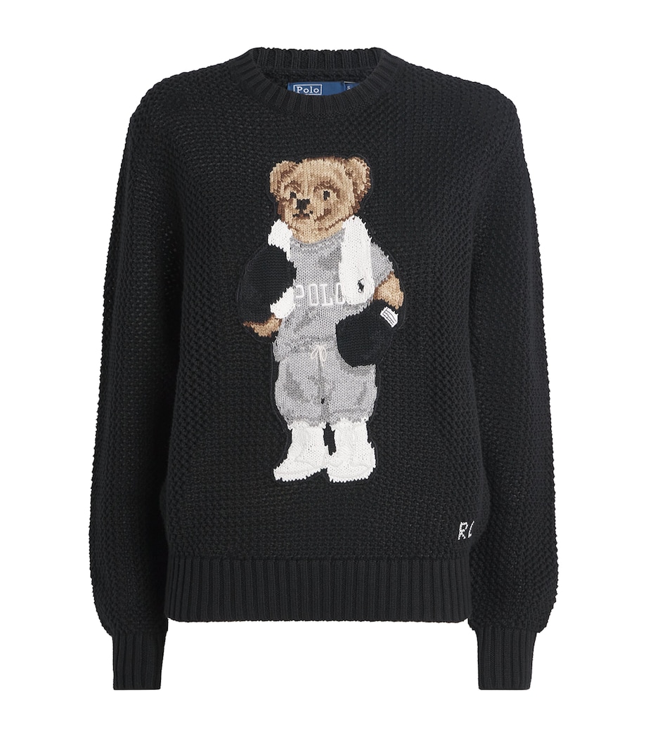 Cotton Open Knit Polo Bear Sweater POLO BLACK Image 1